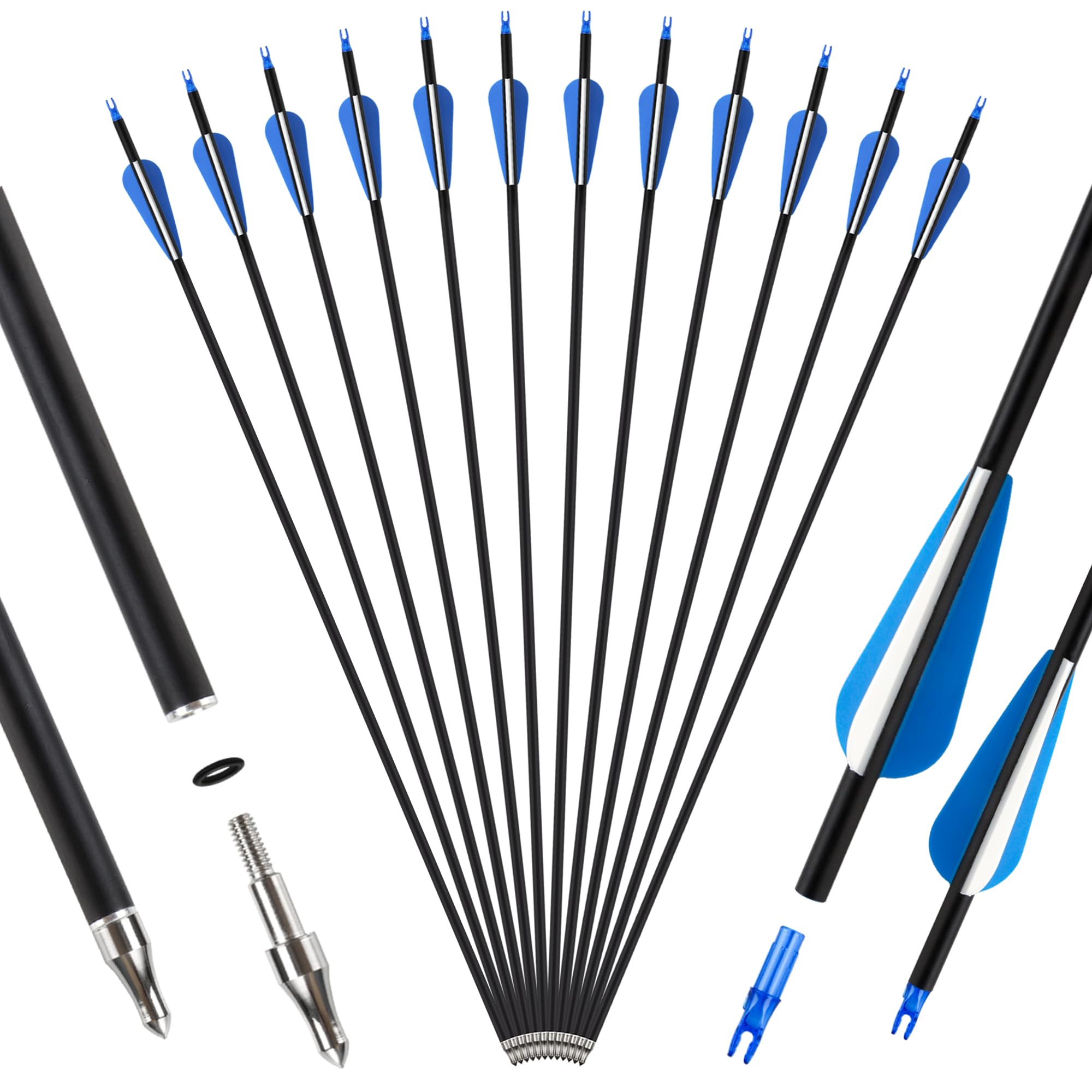 SERfawnCH 12er Carbonpfeile 30 Zoll für Recurvebögen, Compoundbögen & Langbögen Bogenpfeile Training & Übung mit Carbon-Schaft & abnehmbaren Spitzen
