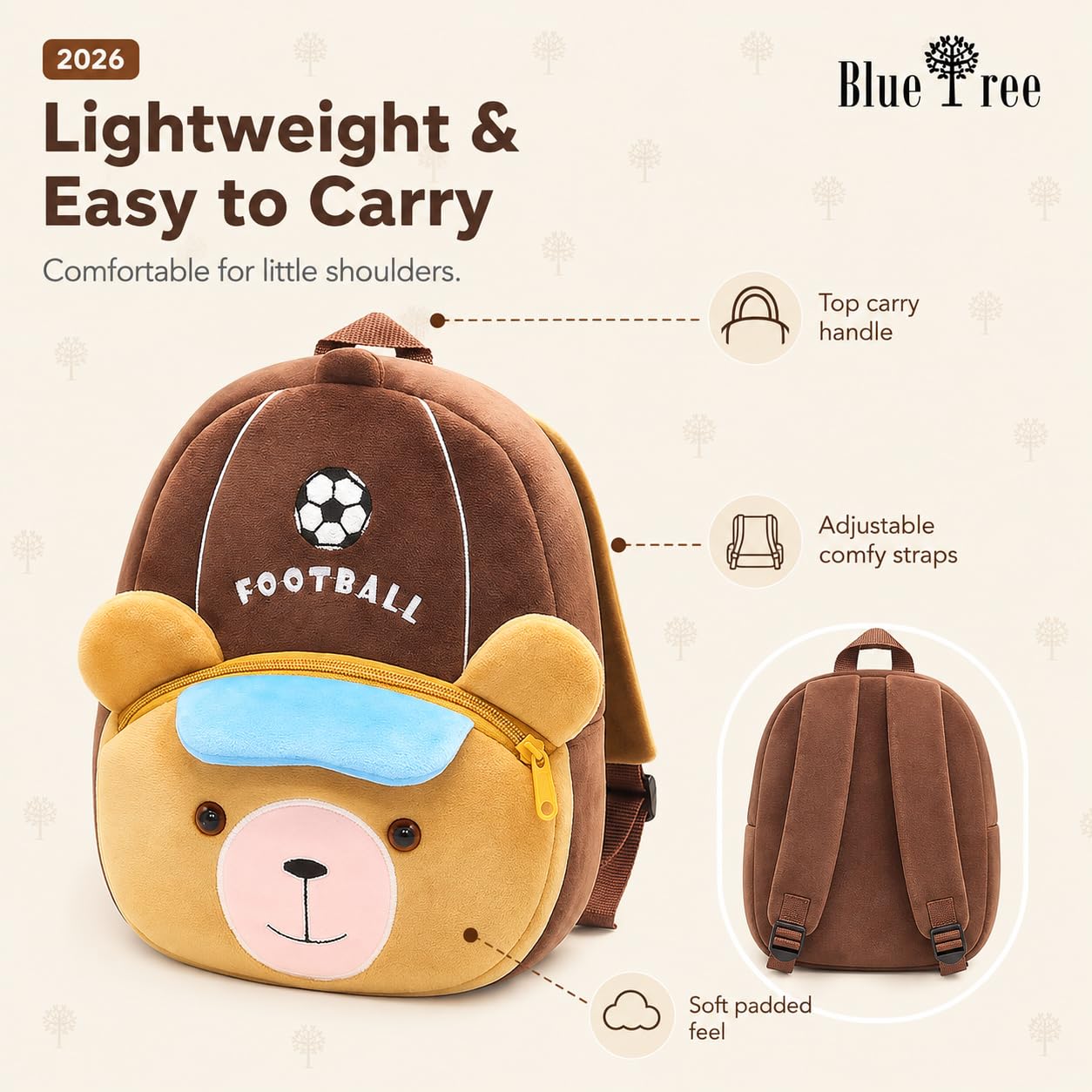 blue tree Cute Kids Backpack Toddler Bag Plush Animal Cartoon Mini Travel Bag for Baby Girl Boy 1-6 Years, Ideal for Gifting for Kids (Football Brown) 3
