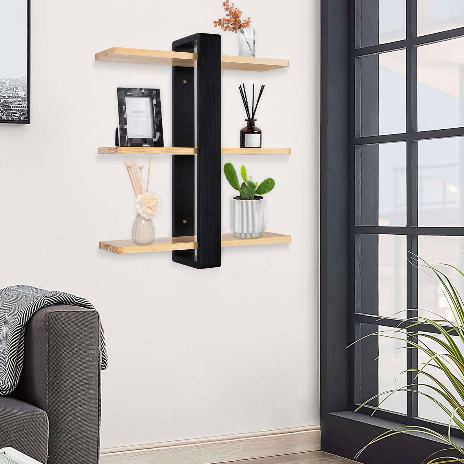Étagère murale réglable en bois noir à 3 niveaux 58cm