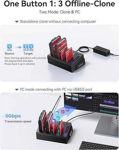 Miniatura 3 de ORICO USB 3.0 a SATA IIIIII Estación de acoplamiento de disco duro externo de 4 bahías para discos duros de 2,5 o 3,5 pulgadas, SSD con función