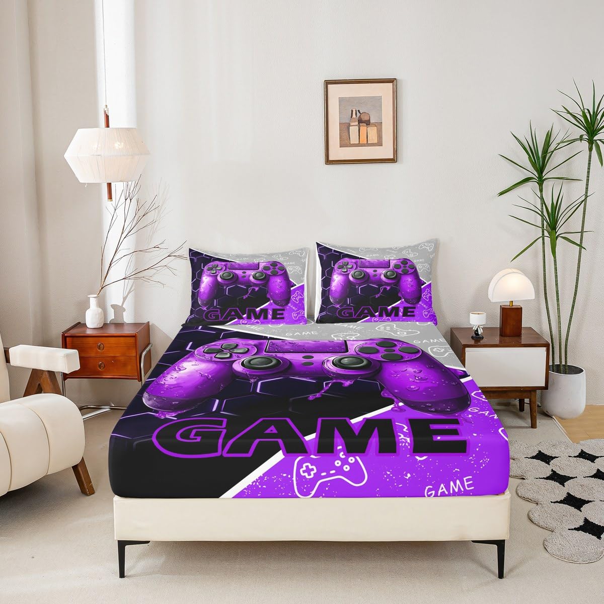 Gaming Boys Fitted Sheet Queen Size,Purple Video Game Consoles Gamepad Mattress Cover with 2 Pillowcases,Honeycomb Geometry Gamer Room Decor Deep Pocket Bed Sheet for Kids Boys (No Top Sheet)