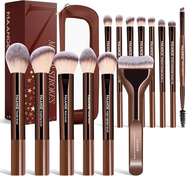 MAANGE 14 PCS Makeup Brushes Professional Make Up Brushes Premium Synthetic Powder Concealers Brushes Travel Makeup Brush Set with Case (Coffee)
