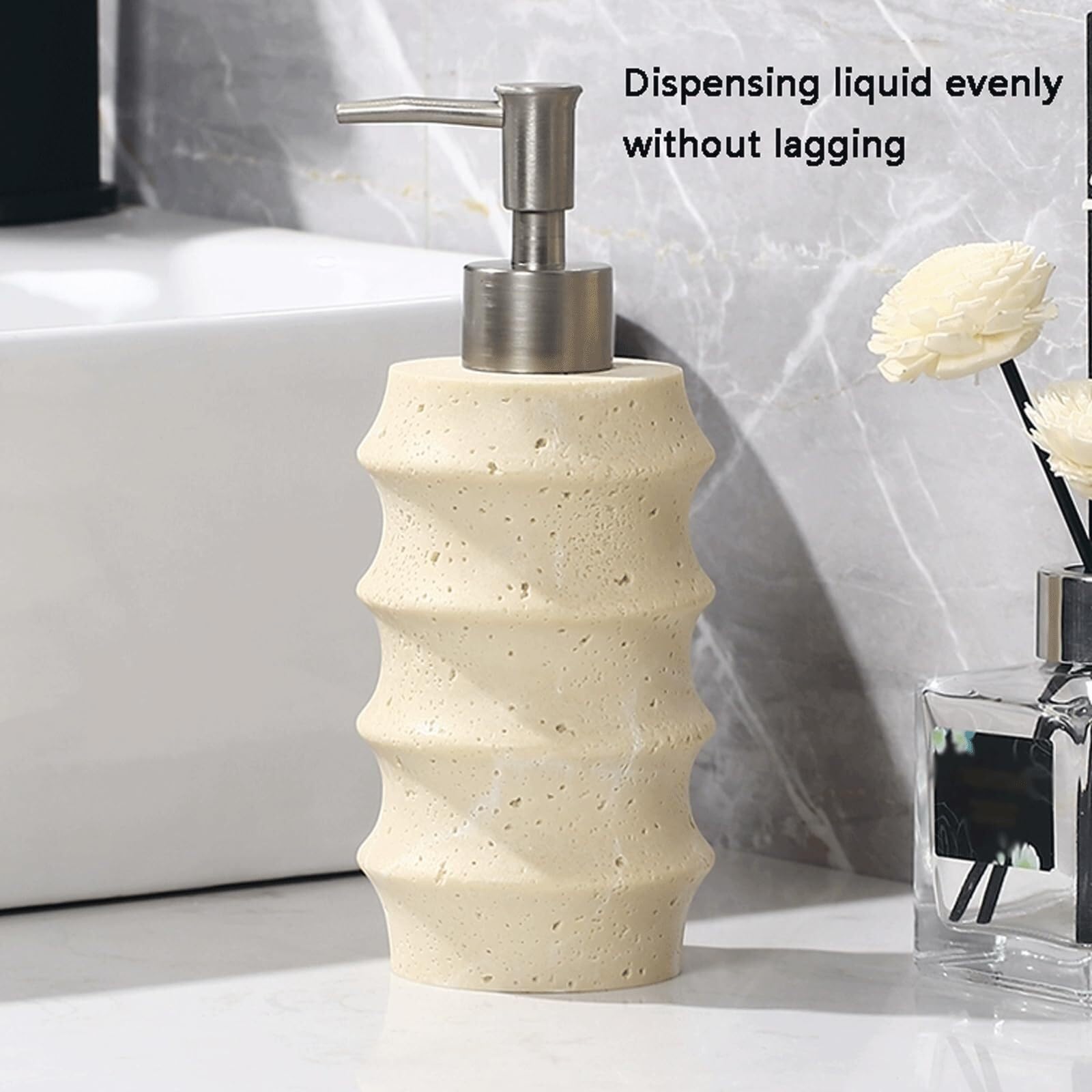 Set di accessori per il bagno Distributore di sapone for piatti da banco in pietra arenaria con pompa argentata Arredamento per gli affittuari(White Set-2)