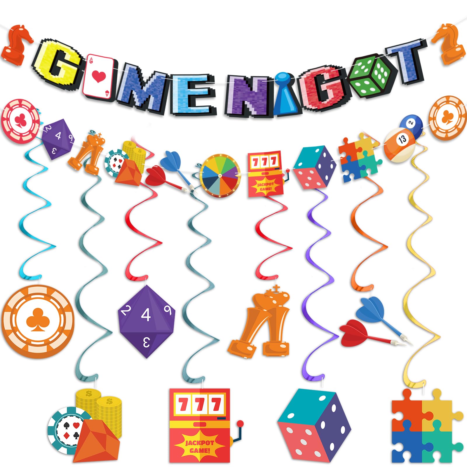 Game Night Party Decorations Family Game Night Banner Games on Birthday Party Banner Hanging Swirls Ceiling Streamers for Kids Adult Video Chess Card