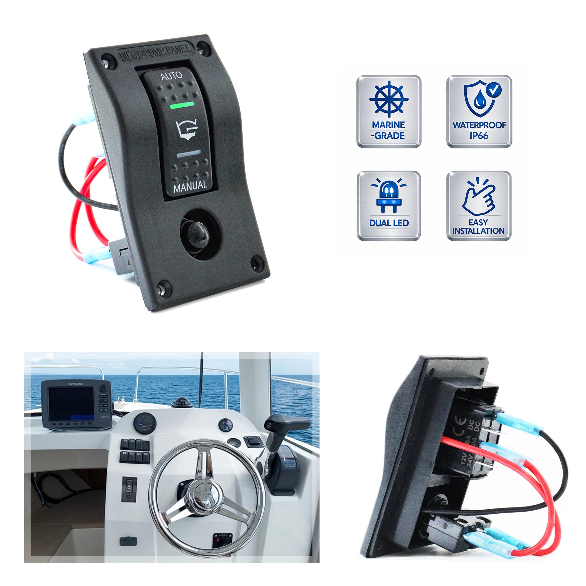 Bedienfeld für Bilgenpumpe, 3 Wege, Auto/Stopp/manuell, 12 V/24 V, integrierter Leistungsschalter, 10 A, IP66, vorverdrahtet, für Boot, Segelboot, Fischerboot