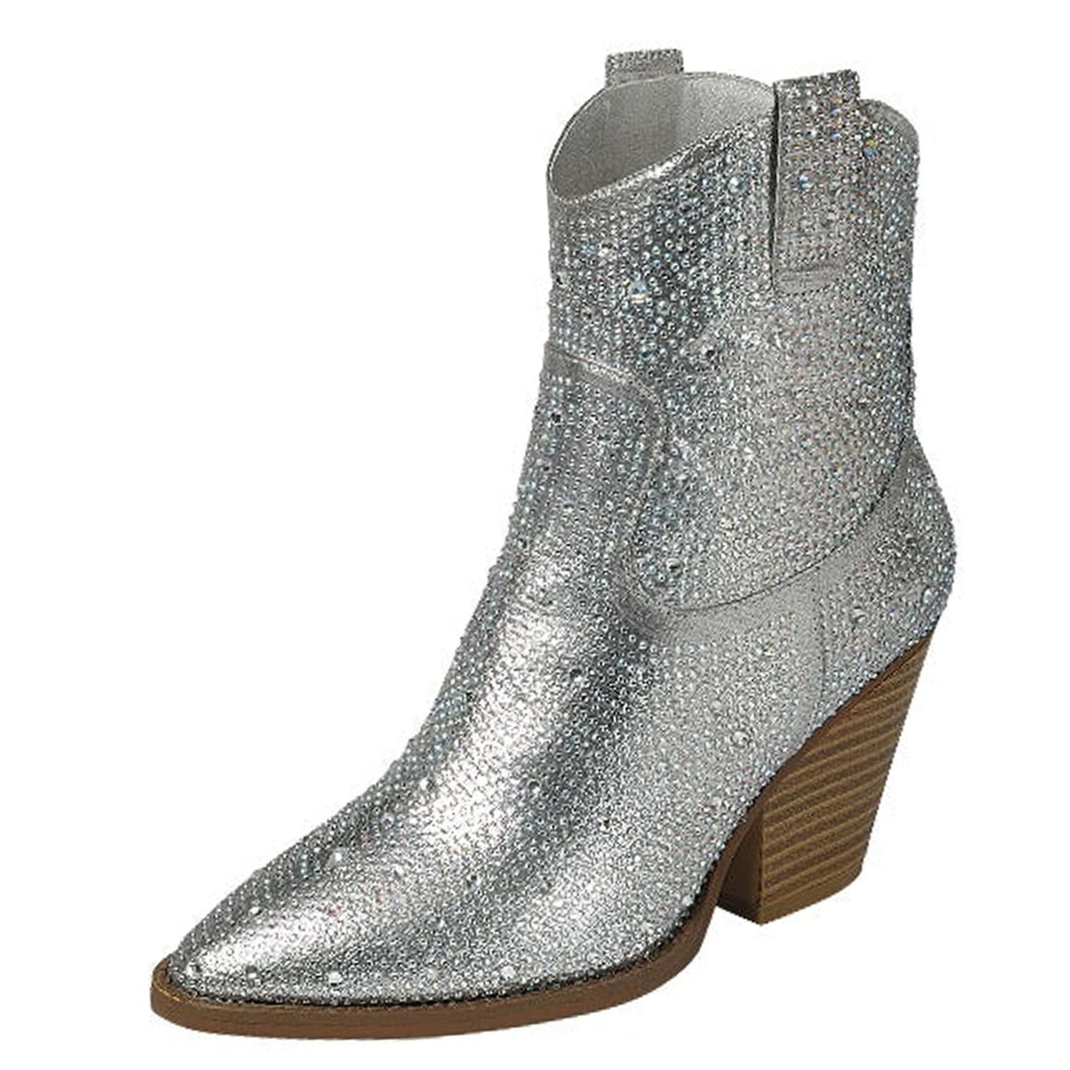 Forever Womens Rhinestone Block Heel Ankle Boots River-01 Silver 7 5