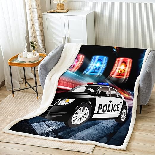 Kids Police Car Toddler Fleece Throw Blanket Policeman Boys Sherpa Blanket for Adults Girls Black The Polica Vehicle Fuzzy Blanket for Sofa Bed Couch Automobile Car Decor,Baby 30x40 Inches