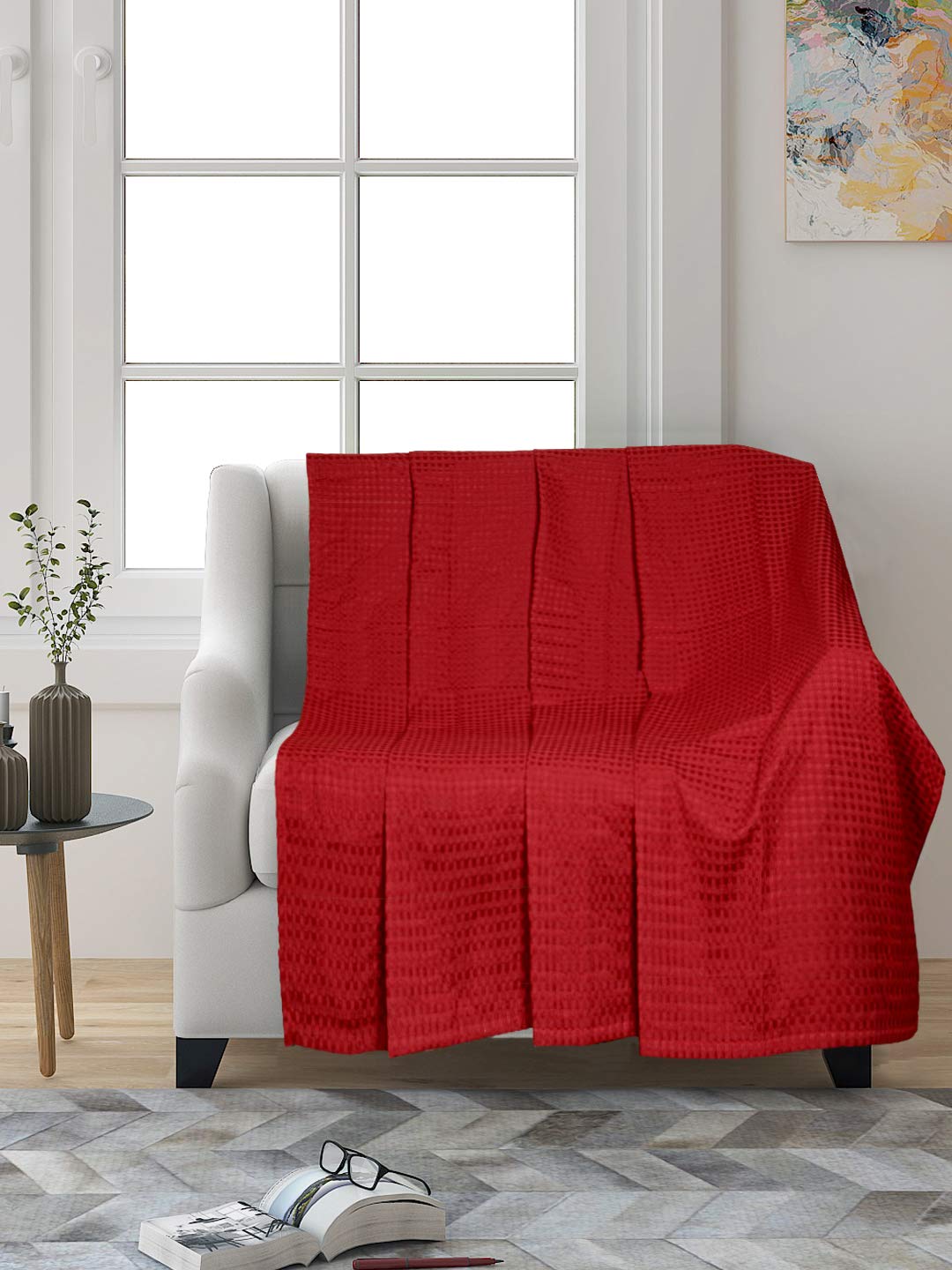 Saral Home Mehroon 100% Cotton Unique Waffle Design Throw/Sofacover (Pack of 2-140x125 cm)