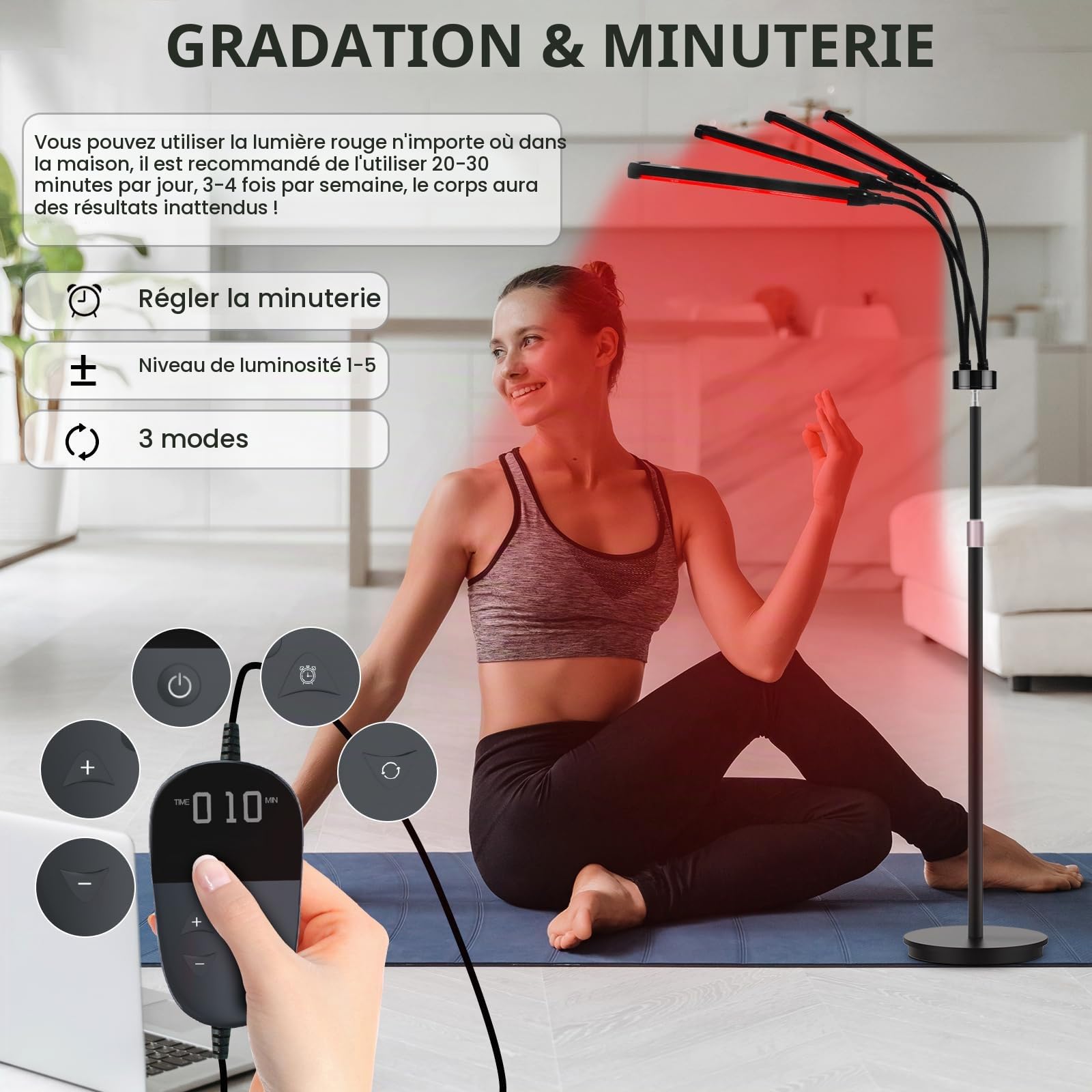 Lampe à 4 têtes avec support - 180 LED, 660 & 850 & 940 - Lumière infrarouge proche avec minuterie 10/20/30 minutes et 5 niveaux de luminosité réglables pour une utilisation à la maison et