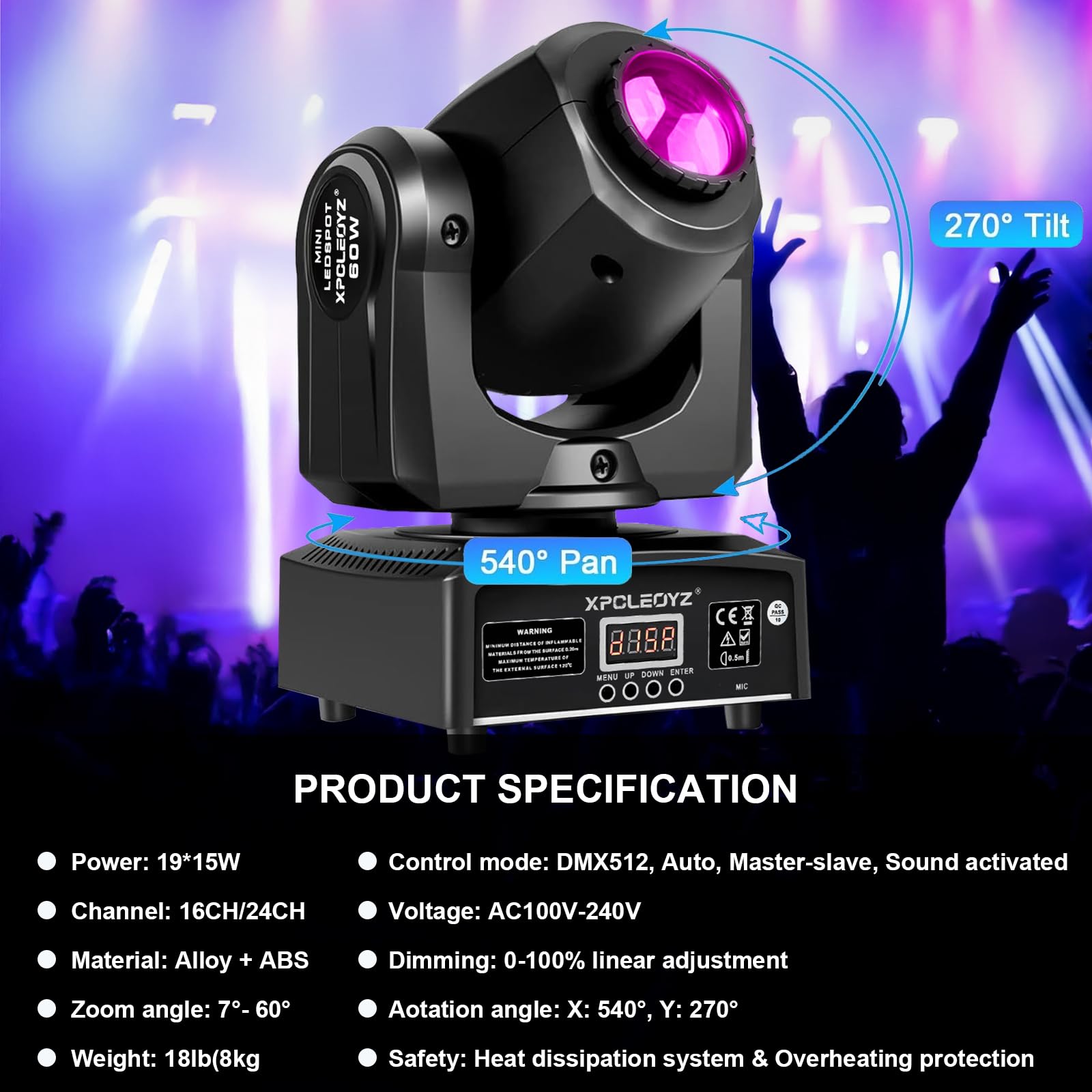 2 Stück Mini 60W Moving Head LED Bühnenlicht Beam, RGBW LED Partylichter DMX512 9/11CH Soundsteuerung für Disco DJ Party Clubs