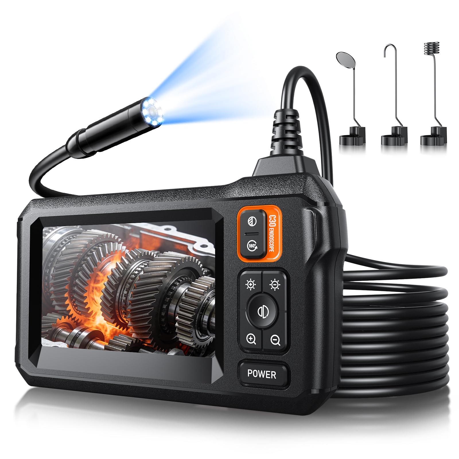 Photo 1 of Endoscope Camera with Light, Inspection Borescope Camera with 4.3" IPS Screen, 1920P HD with 8 LED Lights, 16.6FT Semi-Rigid Cord Bore Scope, IP67 Waterproof Endoscope for Sewer, Tools(Orange)