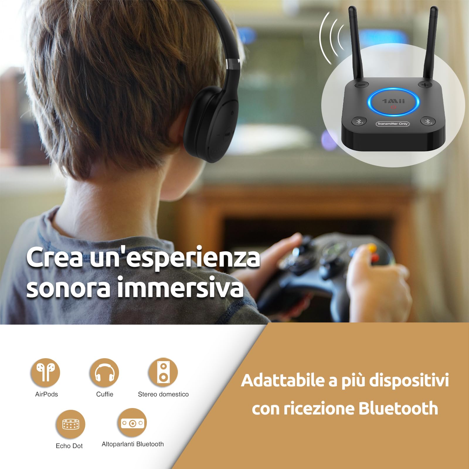 1Mii B06TX Trasmettitore Bluetooth 5.3 per TV a 2 Cuffie Bluetooth | aptX Bassa Latenza/HD, Lungo Raggio 60m, Adattatore Audio Wireless con Ingresso Ottico, Coassiale, AUX/RCA, Controllo Volume
