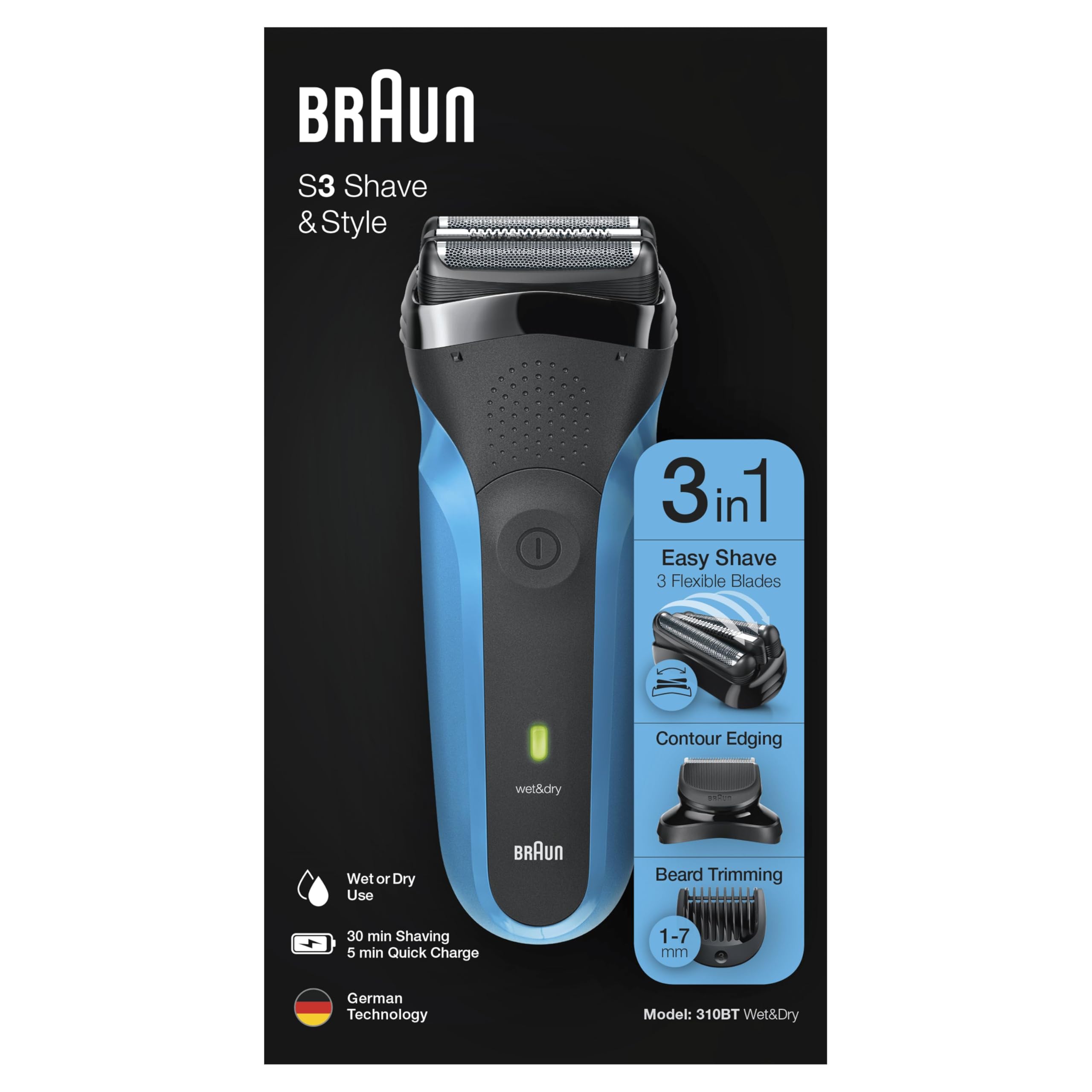 Braun Series 3 Shave&Style 310BT 3-In-1 Rasoio Elettrico Per Barba, Wet&Dry Con Regolabarba Di Precisione E 5 Pettini, Ricaricabile E Senza Fili, Nero/Blu