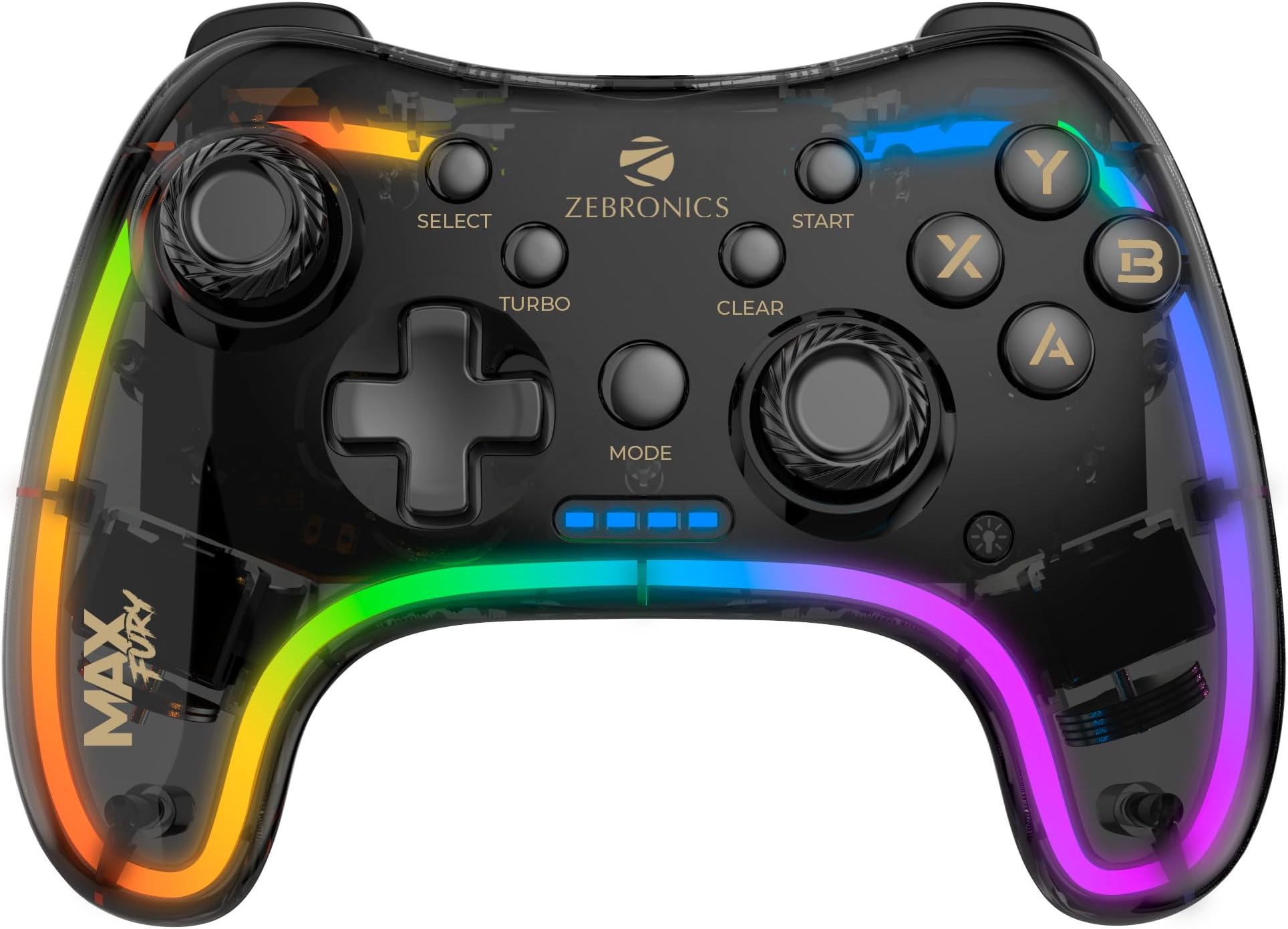 ZEBRONICS MAX FURY Transparent RGB LED Illuminated Wired Gamepad for Windows PC, Android, with Dual analog sticks, Quad front triggers, Dual motors force, Haptic Feedback, Supports X-Input & D-Input.