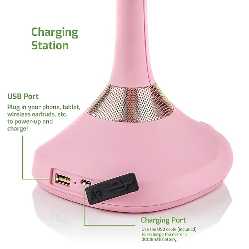 Miniatura 4 de Ovente Espejo de tocador iluminado, parte superior de mesa, giro de 360 grados, círculo de doble cara, LED, 1 x 5X, lupa con audio MP3, altavoz