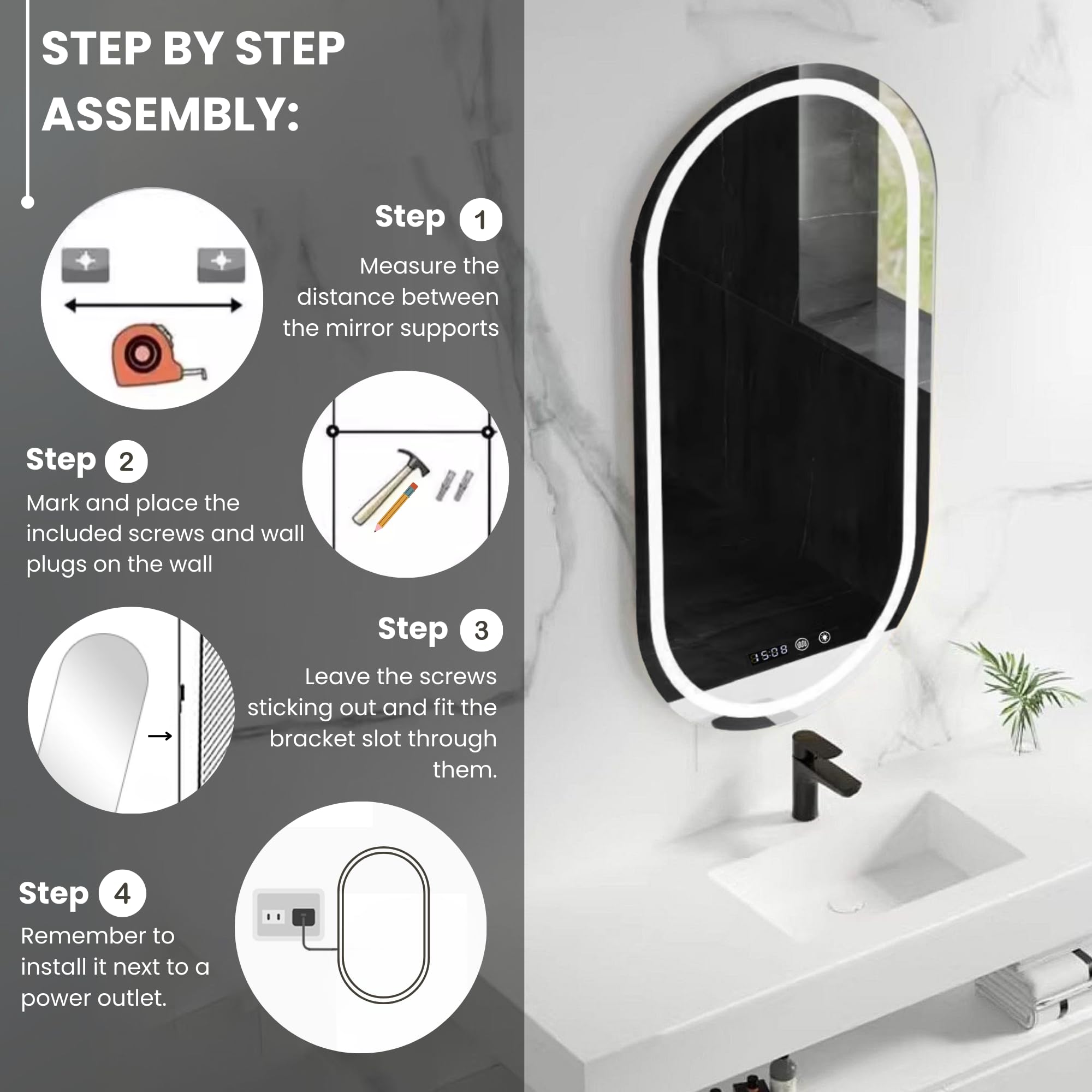 MAGIC SELECT Espejo de Baño con Luz Ovalado de Pared 50x90cm | Con Enchufe, 3 Tonos de Color, Ajuste de Brillo y Antivaho, Indicador de Hora y Temperatura, Vertical