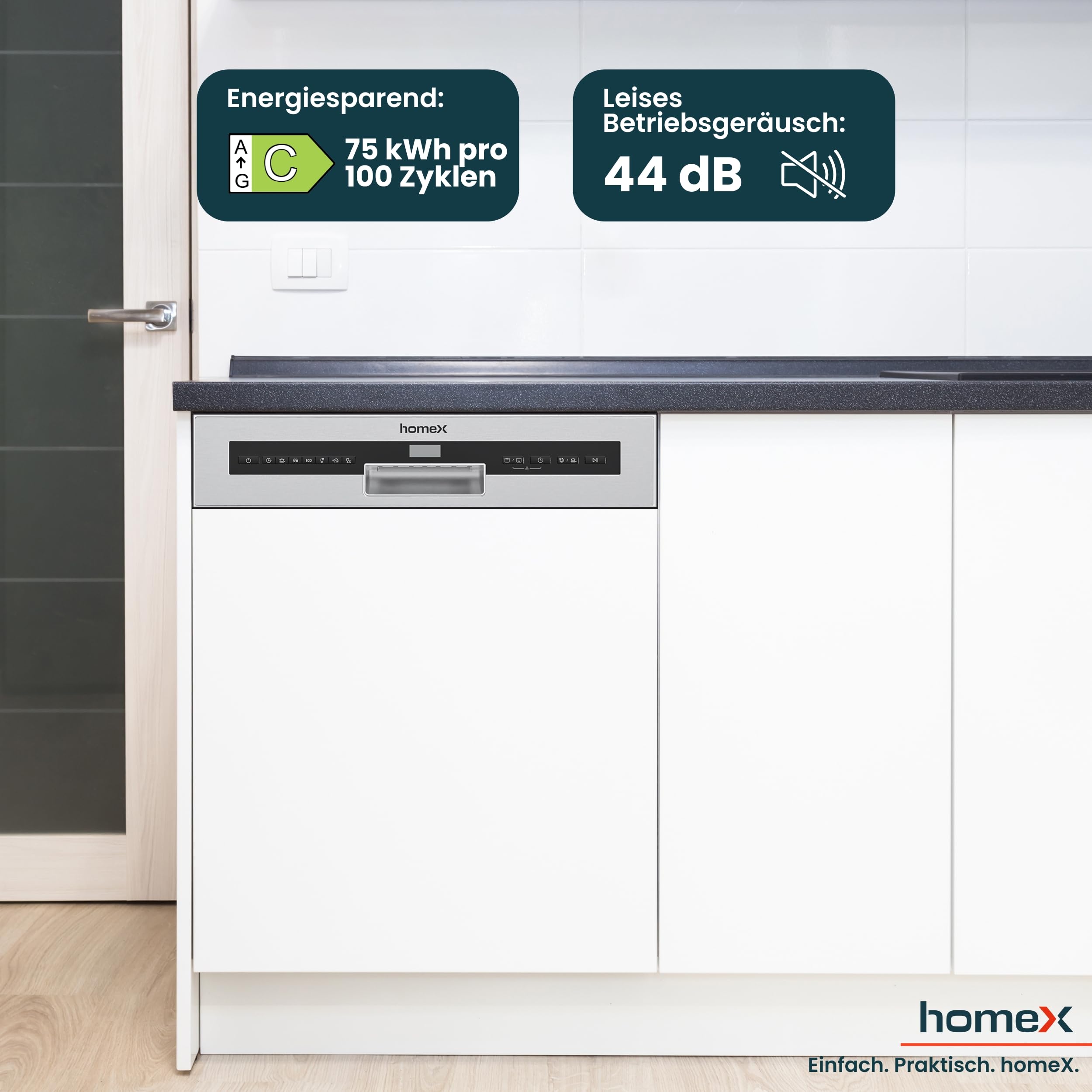 homeX Geschirrspüler 60 cm teilintegrierbar 14 Maßgedecke 7 Programme AquaStop 44 dB DWSI601444C