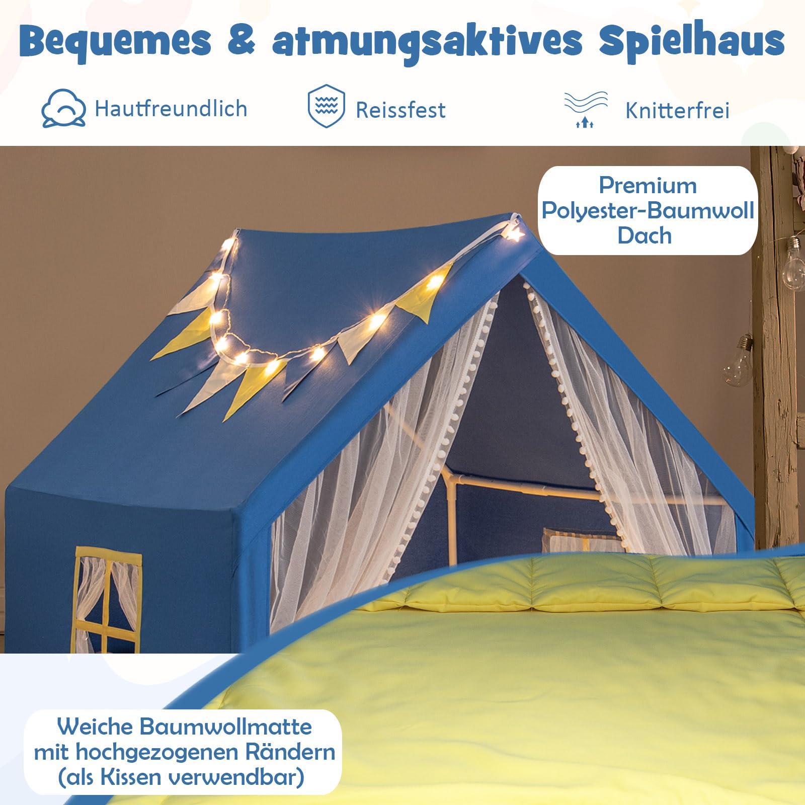 DREAMADE Kinderzelt für Drinnen mit Matte und Lichtern und Flaggenbanner, Kinder Spielhaus Indoor mit Vorhang & Fenstern, Tipi Zelt, Spielzelt für Jungen und Mädchen 121 x 105 x 125 cm (Blau)
