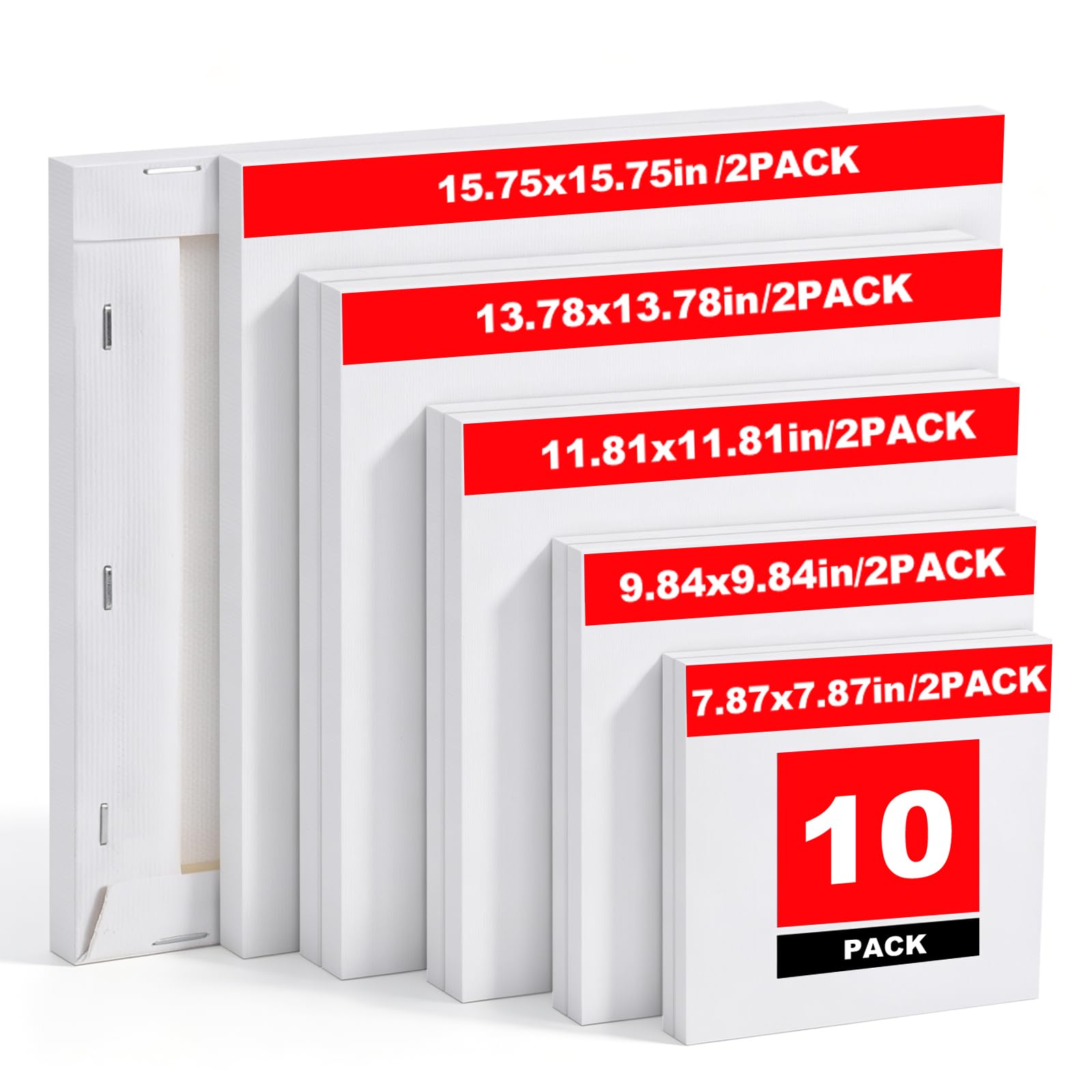 10 Pack Stretched Canvas for Painting,40x40 35x35 30x30 25x25 20x20cm,280GSM Blank Canvas Set for Acrylic & Oil Painting