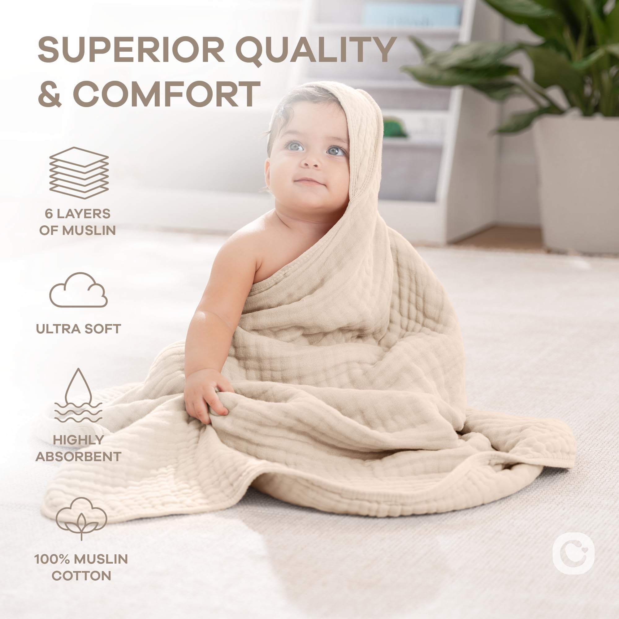 Comfy Cubs Baby Hooded Towel 2-Pack, Large 81cm x 81cm - 6-Layer, Soft, Durable & Absorbent Baby Bath Towel - 100% Muslin Cotton Bathing Products for Babies, Toddlers & Kids - Sand — view 4