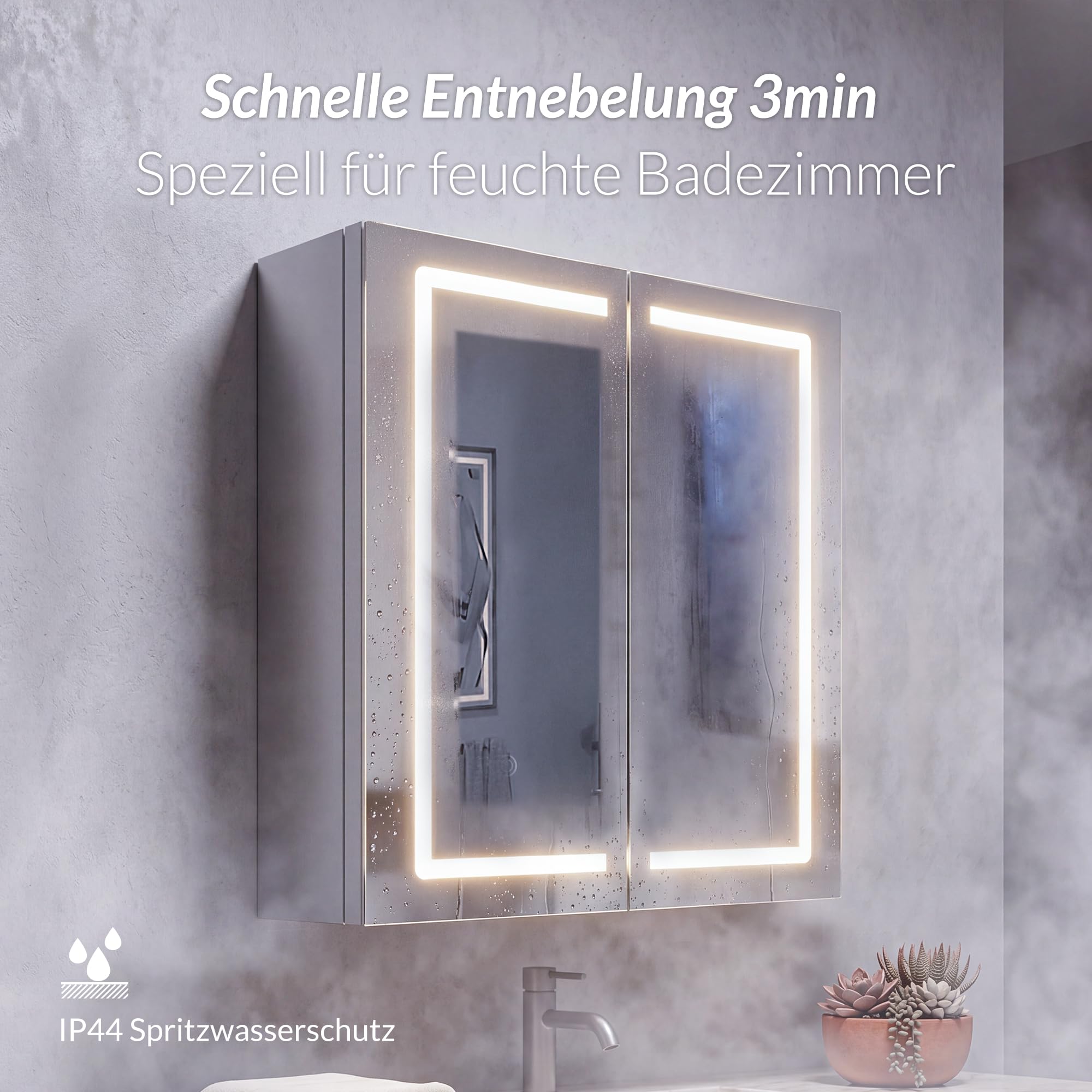 Spiegelschrank Bad mit Beleuchtung Vormontiert 60x70x14cm Steingrau