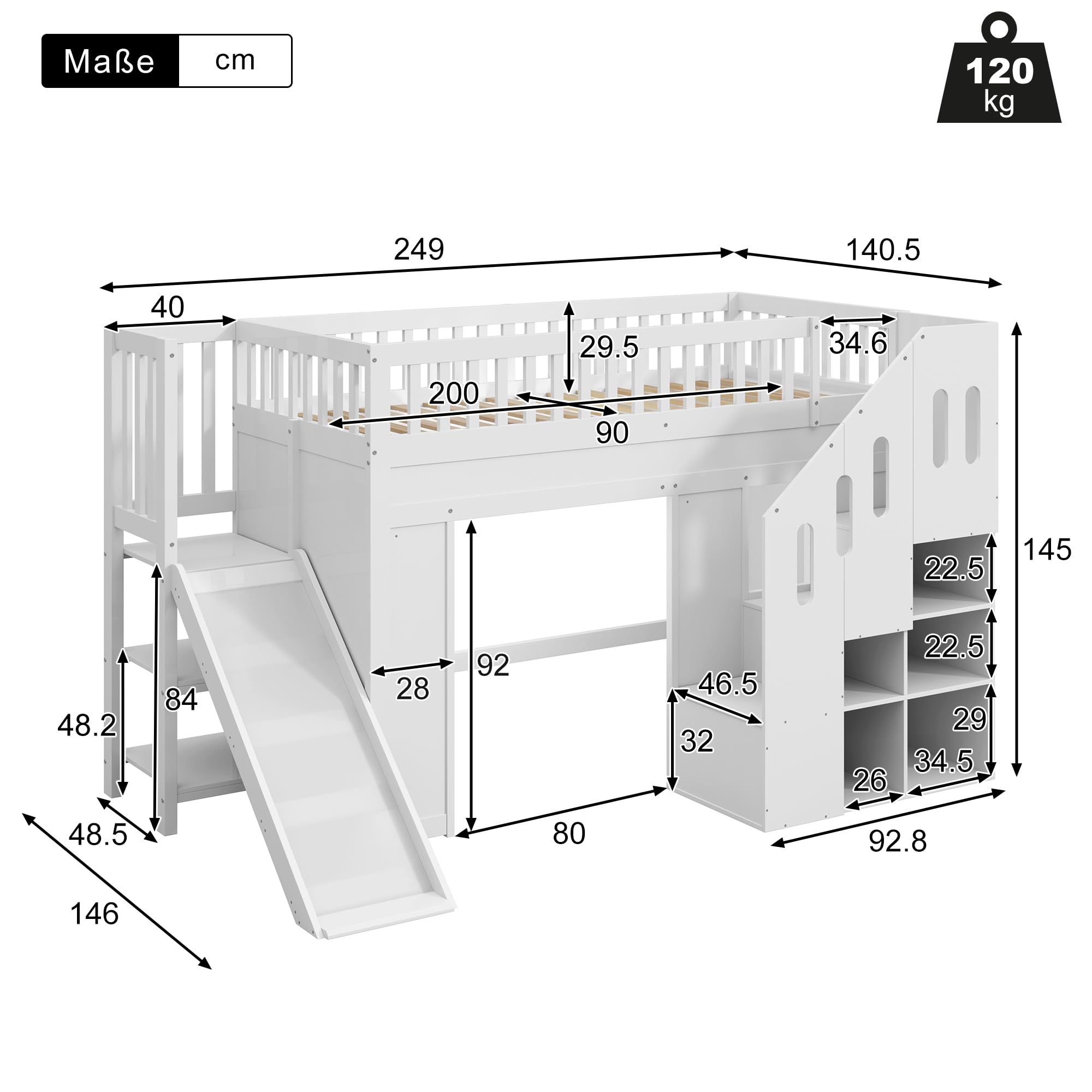 Merax Kinder Hochbett 90x200 cm, Etagenbett mit Rutsche, LED-Lichtleiste, Rausfallschutz und Stauraumtreppe, Massivholz & MDF, Weiß (ohne Matratze)