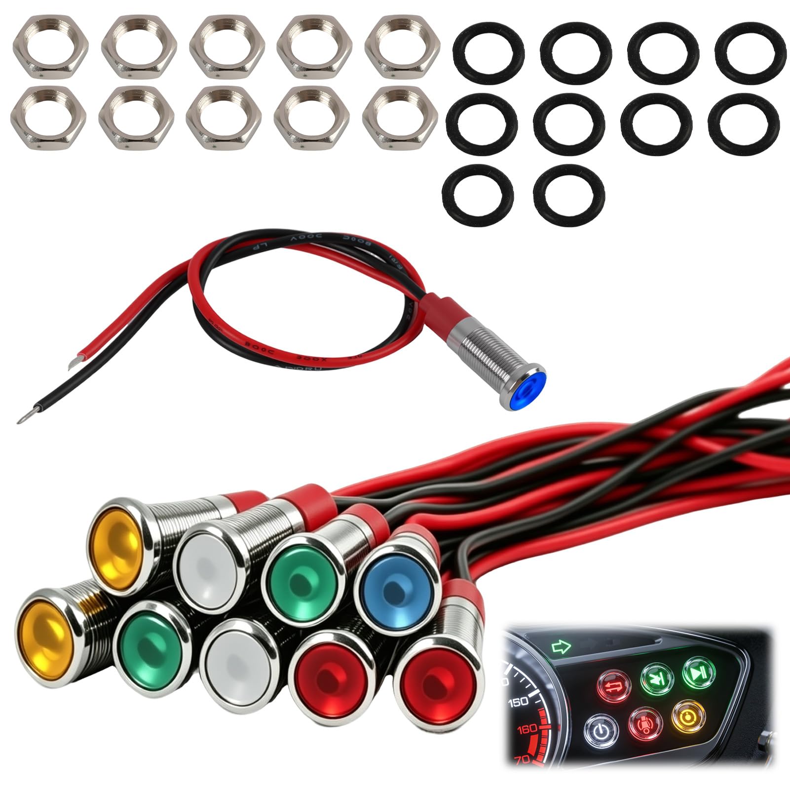 10 Stück LED-Kontrollleuchte 6 mm 12-24 V DC, Kontrollleuchte Metall-Panel, 1/4 Zoll, wasserdicht, Signalisierung, mehrfarbig, rot, gelb, blau, grün, weiß, für Auto, Motorrad, Boot, LKW, Steuerpult