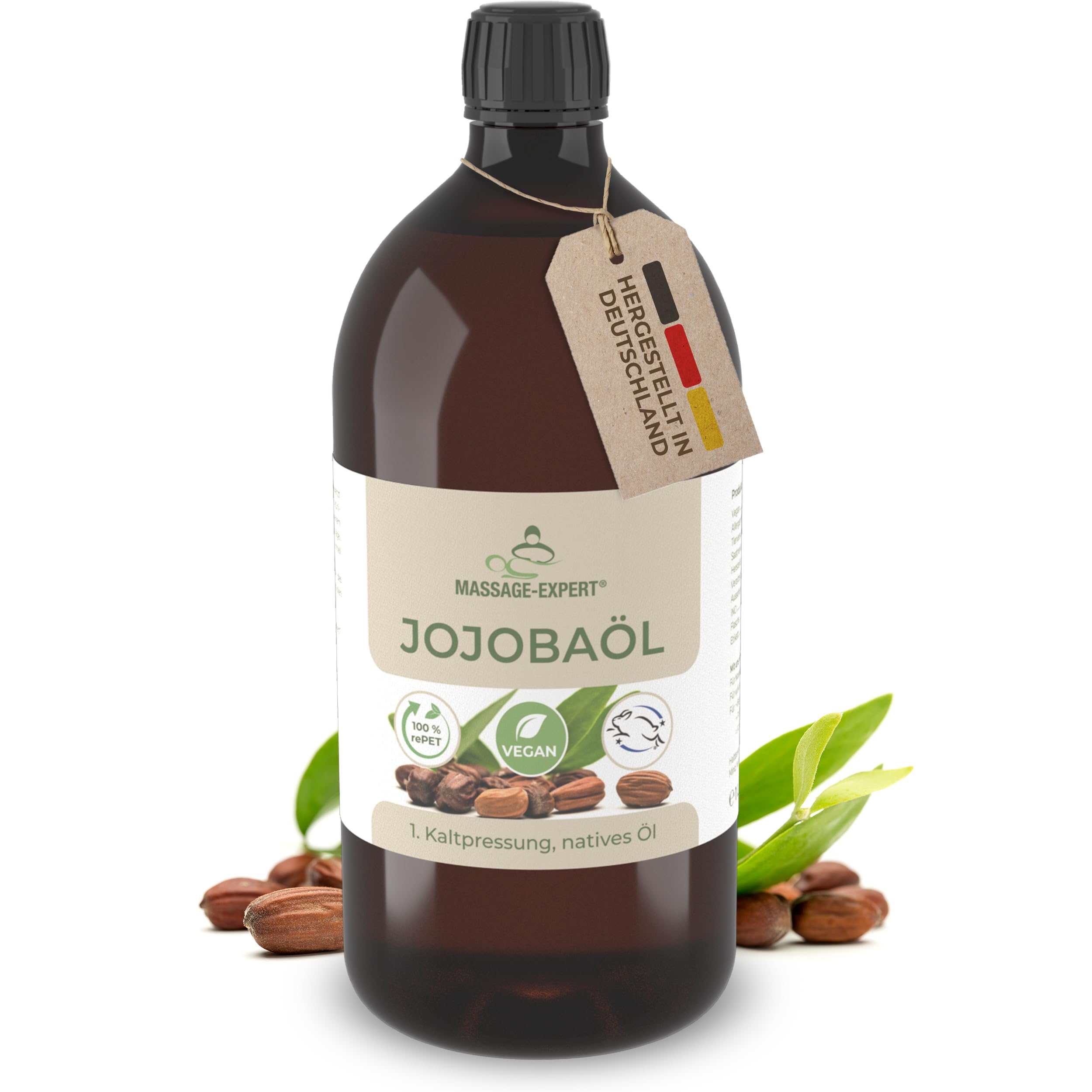 MASSAGE-EXPERT Bio Jojobaöl kaltgepresst – für Massage, Babymassage, Hautpflege und Haarpflege (1 Liter rePET-Flasche mit Spritzeinsatz)