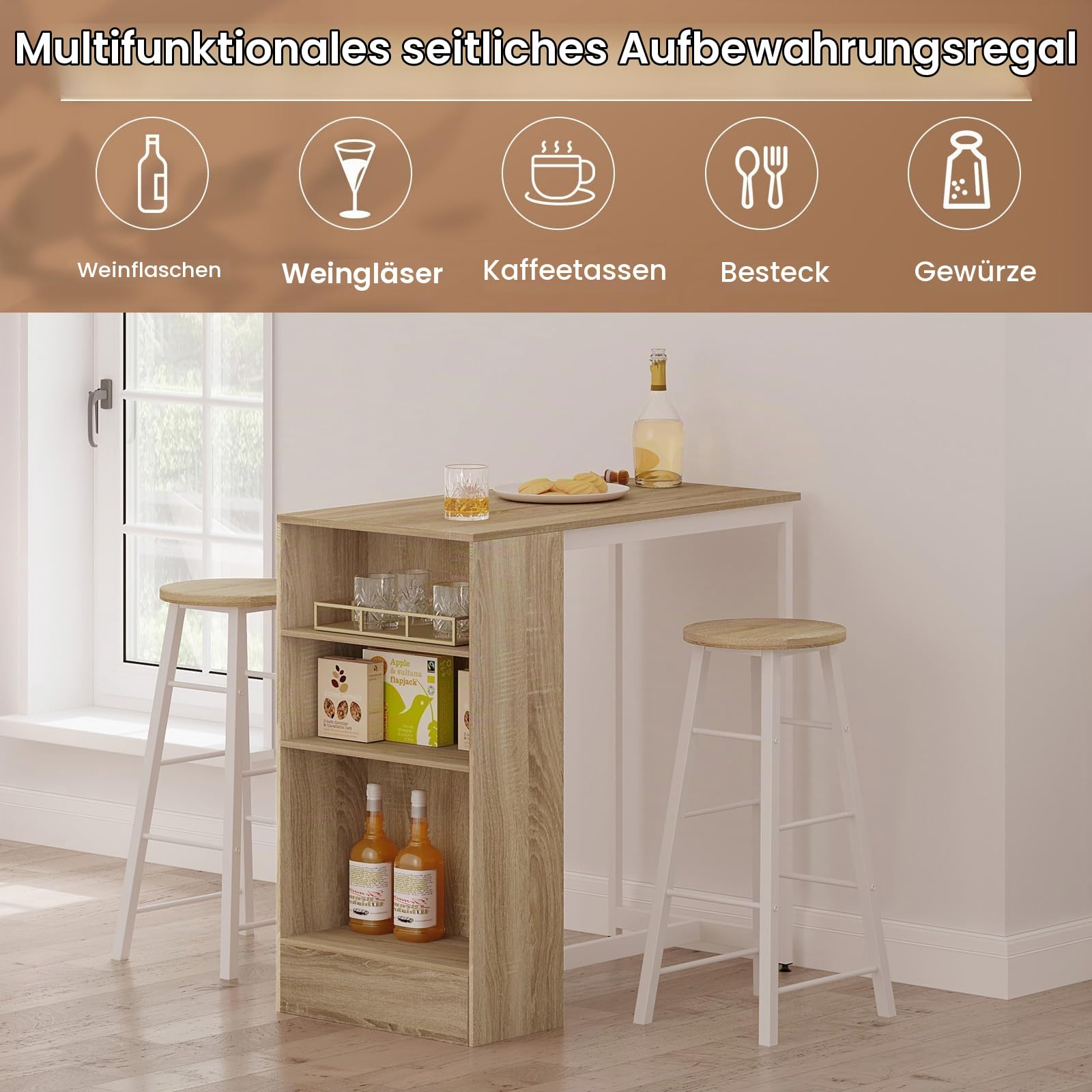 WOLTU Essgruppe, Esszimmergruppe, Stehtisch mit 2 Barhockern, 3-teiliges Bartisch Set, Küchentisch mit 3 Ebenen, Bistrotisch für Küche Esszimmer Bistro Helle Eiche+Weiß