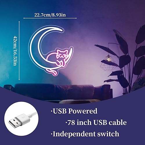 Miniatura 4 de Letrero de neón con diseño de gato y luna, decoración de habitación de niña, luces de neón LED para decoración de pared, alimentadas por USB, para