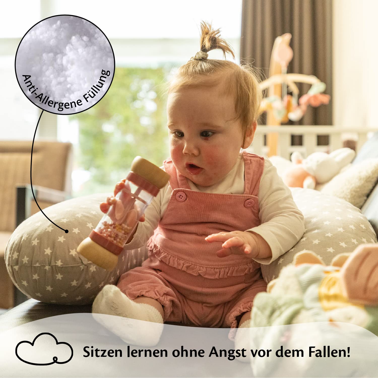 Ella NP-GreyStars - Cuscino per allattare e nutrire comodamente i bambini, poggiatesta imbottito per neonati con rivestimento in cotone rimovibile - grigio con stelle