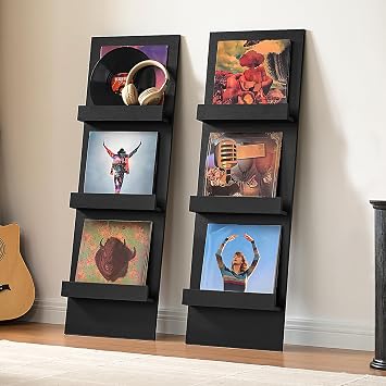 LELELINKY Wall Mount Vinyl Record Holder with 3 Tier Display Area, 47.5'' Tall Record Storage Magazine Holder, Book Shelf Holder Holds Up to 15 Vinyls Albums/CD for Music Room, Living Room, Black