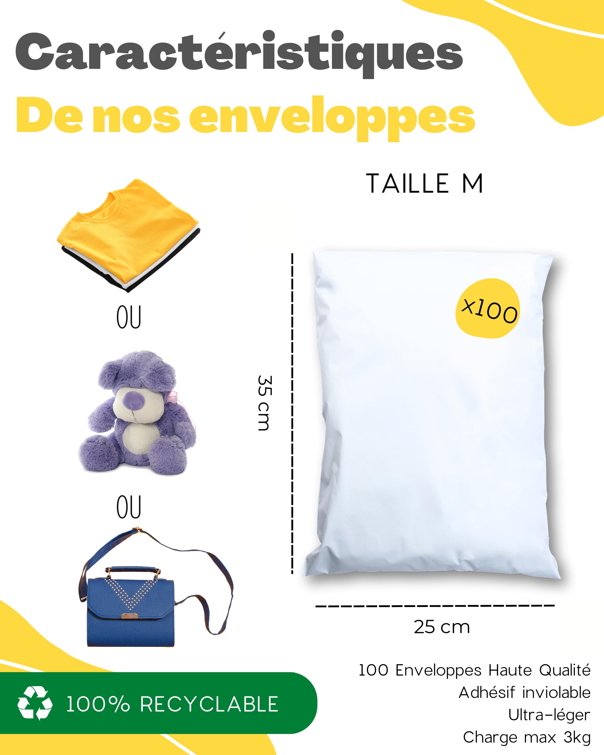EMBALLAX - 100 Pochettes d’Envoie Colis Vinted - Taille M - 25x35cm - Sac Résistante, Opaque, Imperméable & Auto-Adhésive - Enveloppe Plastique Expédition - Emballage Envoie pour Vetement, Boite