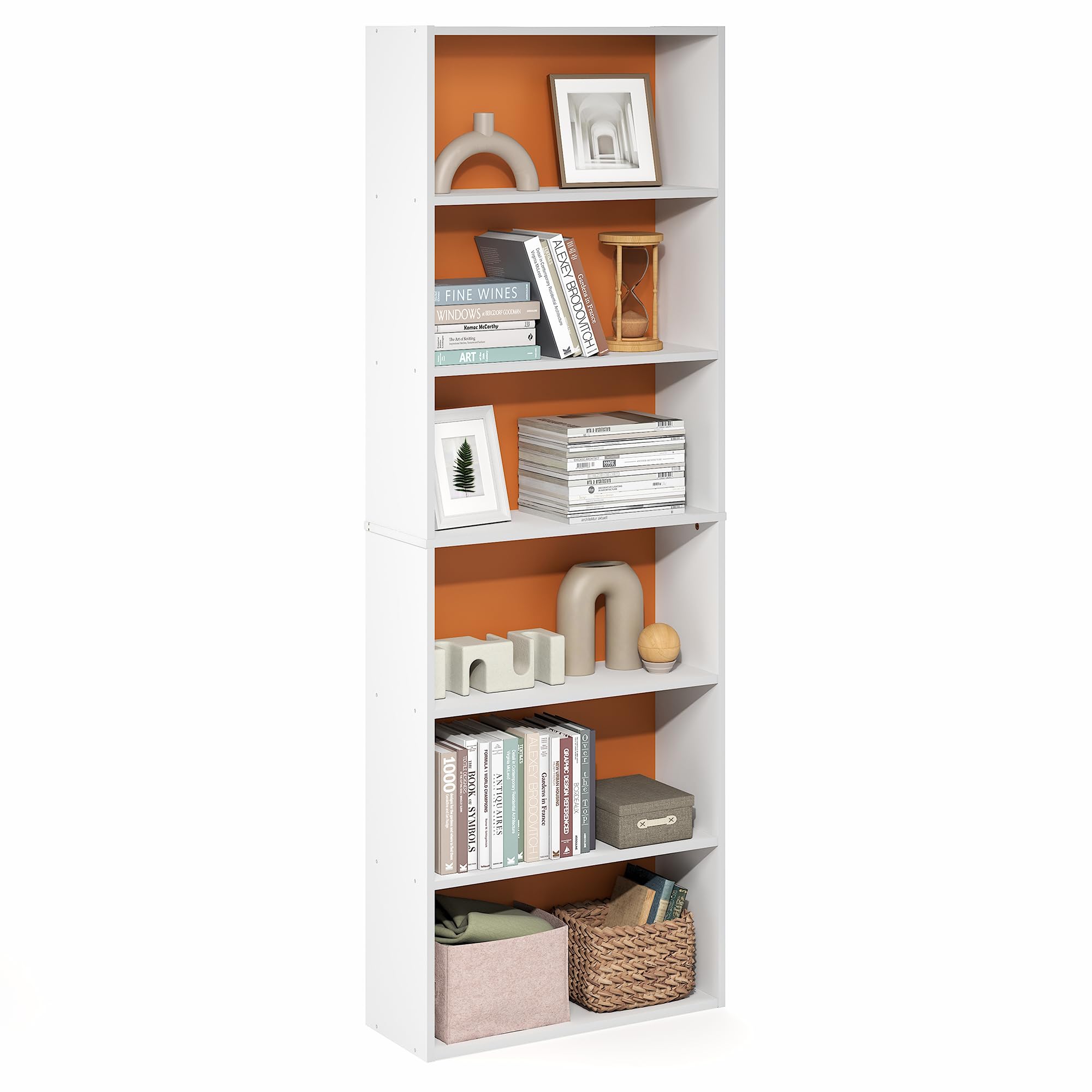 Furinno Jaya 6-Tier Book Shelf with Open Shelf, White/Orange
