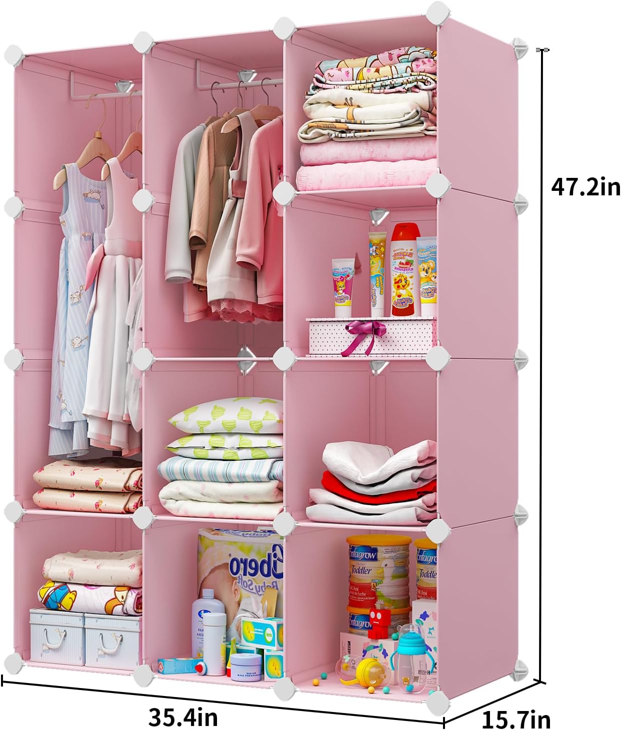 VIPZONE Baby Dresser, Kids Closet Organizers, Portable Kids Wardrobe for Closet, Bedroom, Nursery, Cubby, Cabinet, Clothes, Dress, Baby Storage Shelf, Armoire Clothes Hanging (12 Cube, Pink)