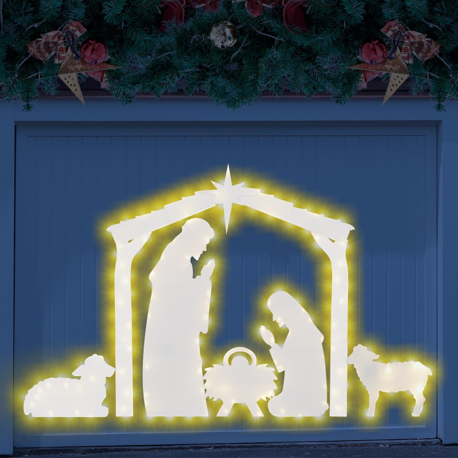Lighted Christmas Nativity Decorations Outdoor, Large Christmas Nativity Scene Silhouettes Set Holy Family Nativity Cutouts for Holiday Xmas Garage Door Lawn Yard Patio Porch Decor Outside