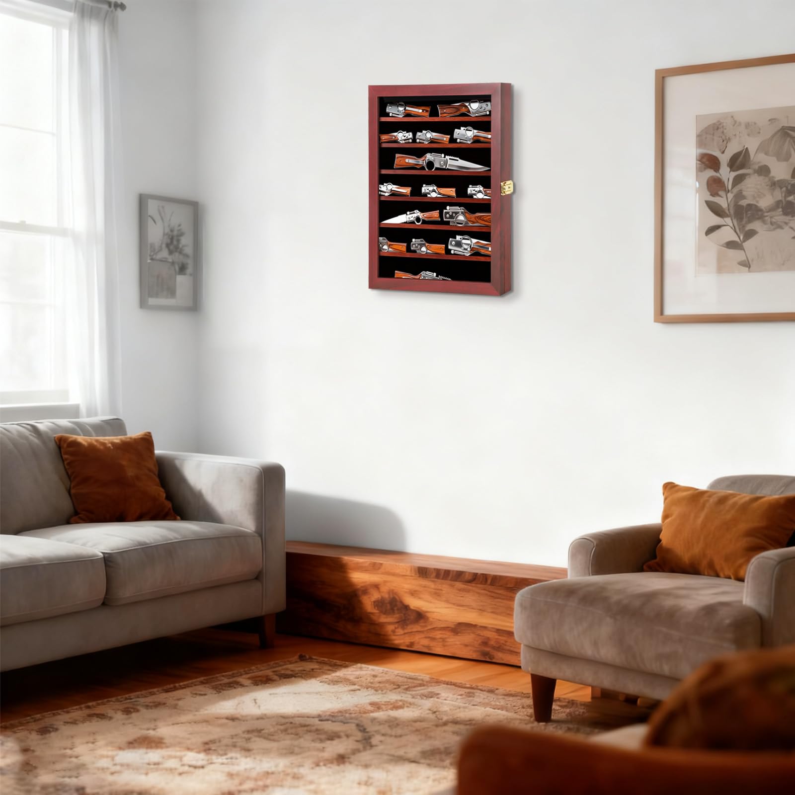 Grintus Taschenmesser-Vitrine 7-stöckige Messersammlung Display Box für Wand Klappmesser Schrank mit UV-Schutz Acryl abschließbar groß Mahagoni | Wandhalterung Holzrahmen Messerschrank Gold Diebstahlsicherung Filzfutter UV-Schutz Acryl 7 Abnehmbare Anti-R