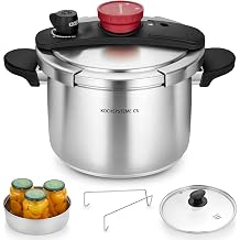 KOCH SYSTEME CS Stainless Steel Pressure Cooker 6.3 Quart, 3-in-1 Olla de Presion, Easy One-Hand Lock, 18/10 Stainless Steel, Stovetop Presssure Cooker, Induction Compatible, with Glass Lid & Steamer