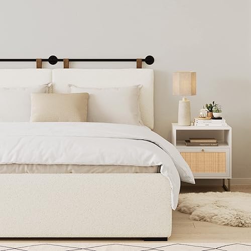 Miniatura 7 de Nathan James Harlow - Cabecera tapizada moderna para colgar en la pared, tamaño Queen, color gris con correas de piel sintética marrón