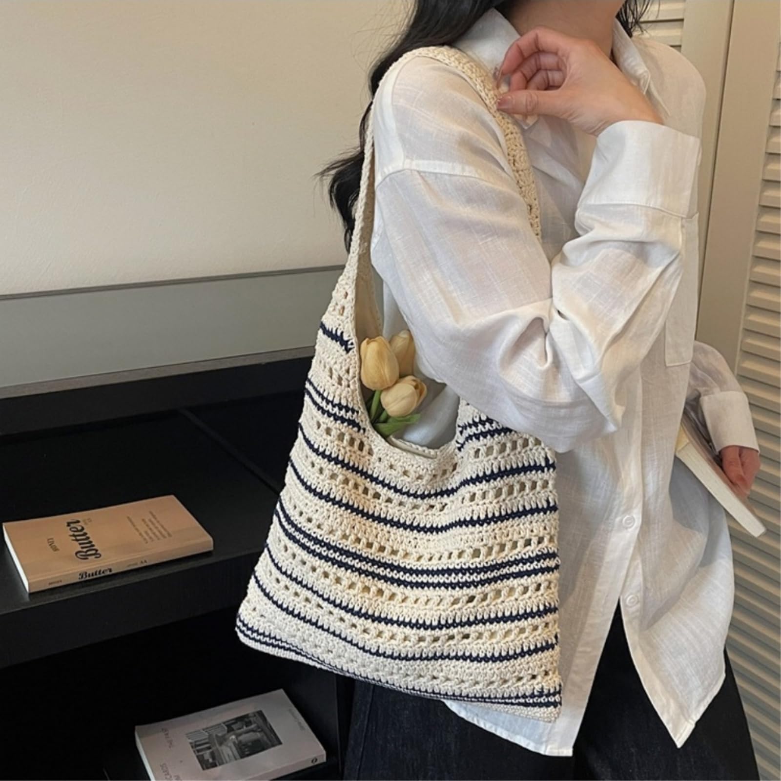 Borsa Spalla Paglia Cava all'Uncinetto, A Tracolla Tessuta Leggera di Cotone Grande capacità per Il Viaggio Giornaliero in Spiaggia-Blue