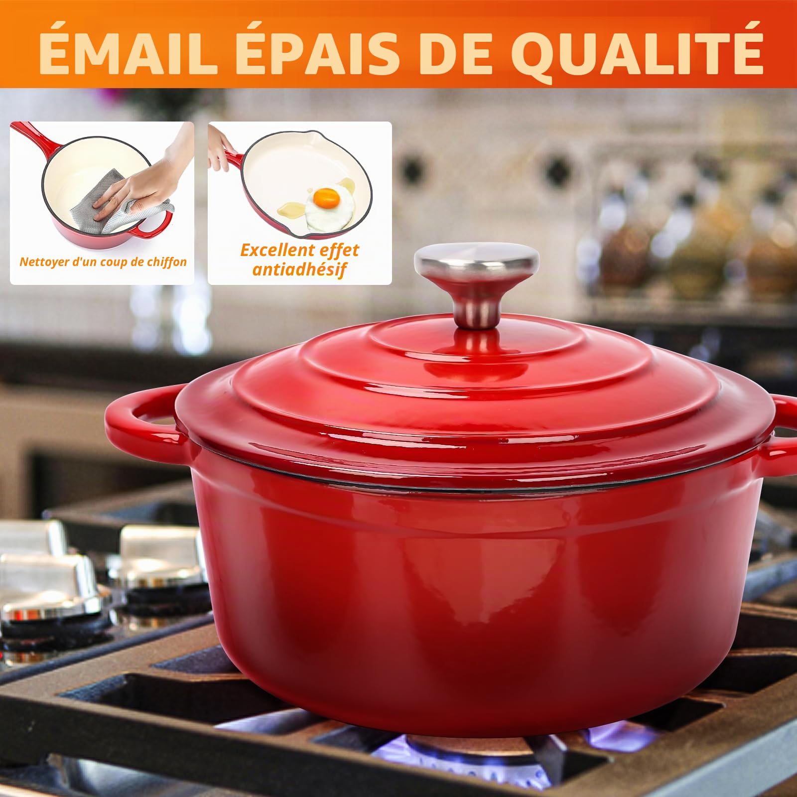 Denmay Batterie de cuisine en fonte émaillée – 7 pièces, faitout, poêle, 3 couvercles, cocotte à pain, revêtement anti-adhésif en céramique, compatible gaz/induction/four (rouge)