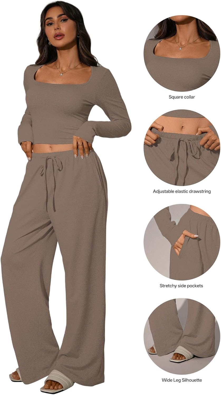 Women's 2 Piece Matching Lounge Set Long Sleeve Top Wide Leg Pants 2026 Travel Vacation Airport Outfit - Image 3