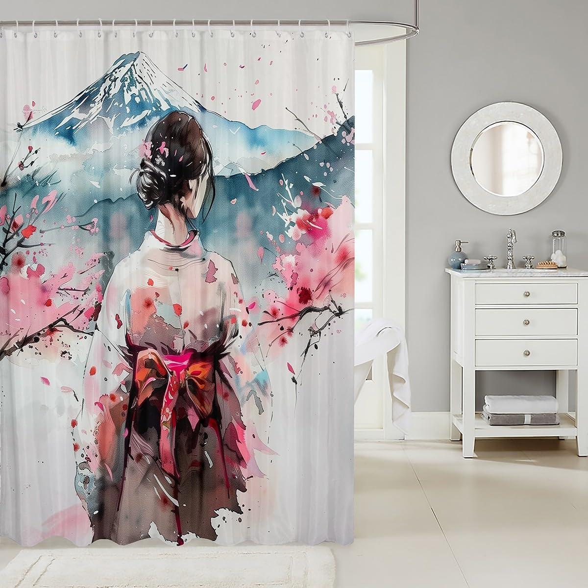 jejeloiu Japanese Girls Geisha Shower Curtain 72"x78" Pink Cherry Blossoms Bath Curtain for Boys Teens Japanese Ukiyoe Bathroom Shower Curtain Set Waterproof Mount Fuji Kids Bathroom Accessories