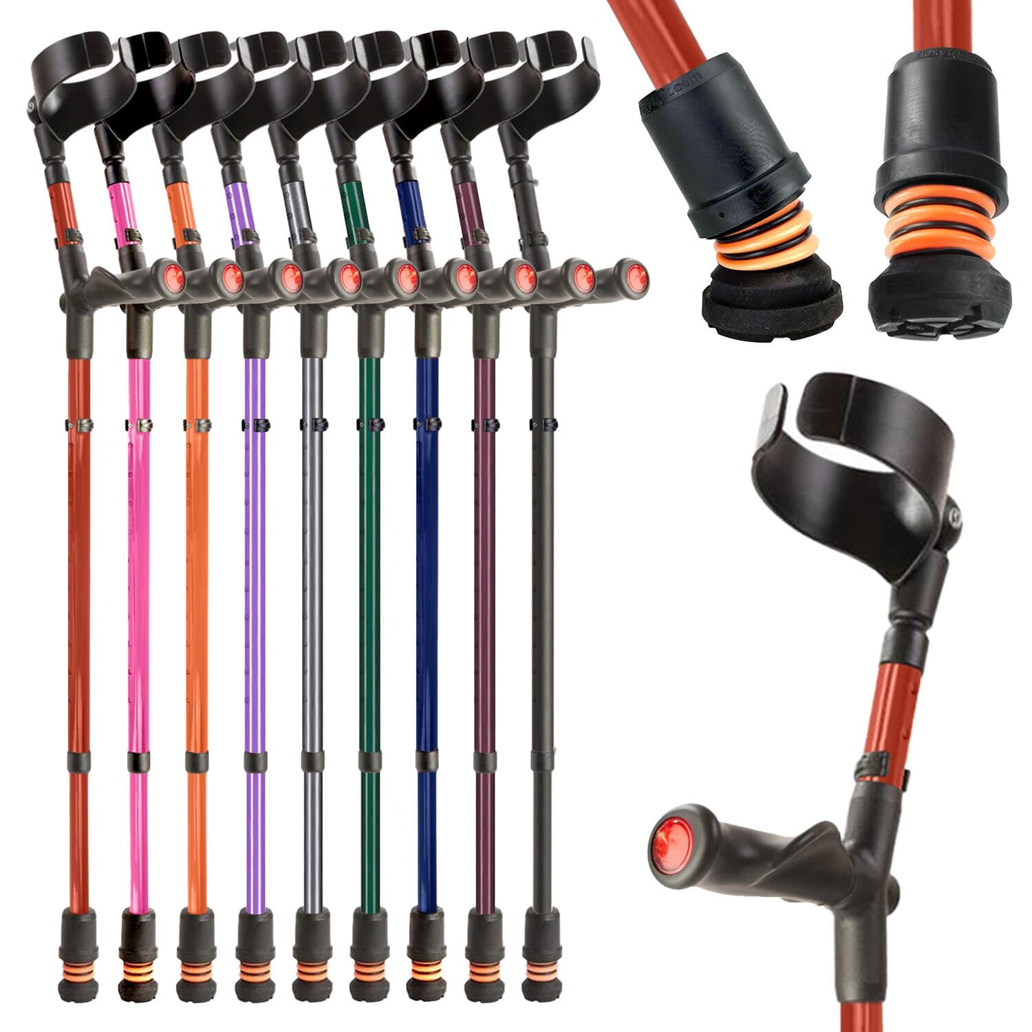 FlexyfootShock Absorbing Comfy Grip Double Adjustable Crutch - Improves Safety, Improves Grip, Reduces Shocks & Jarring – Right Handed - Red