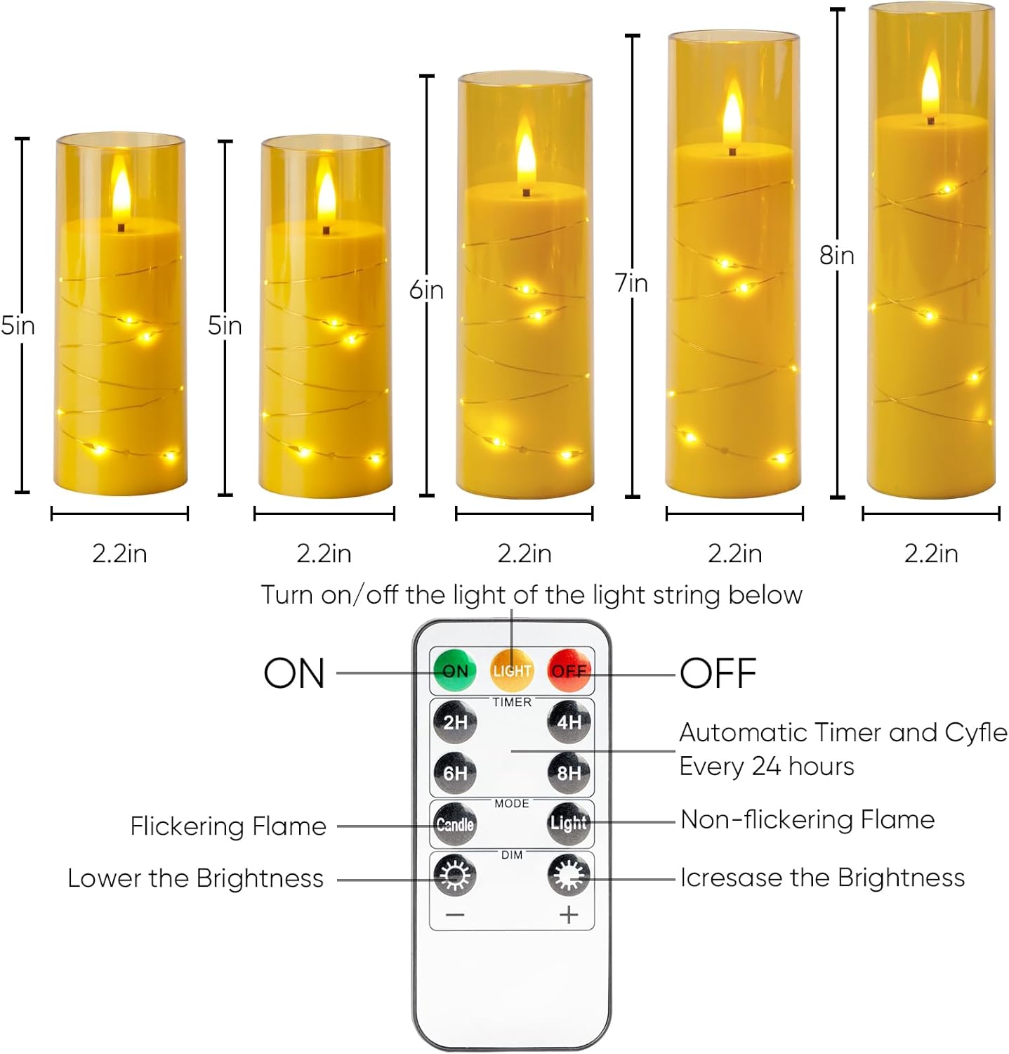 Homemory Flameless LED Candle with Embedded Star String Lights, Fake Candles with Remote Control & Timer, Battery Operated Candles, Amber, Set of 5 - Image 2