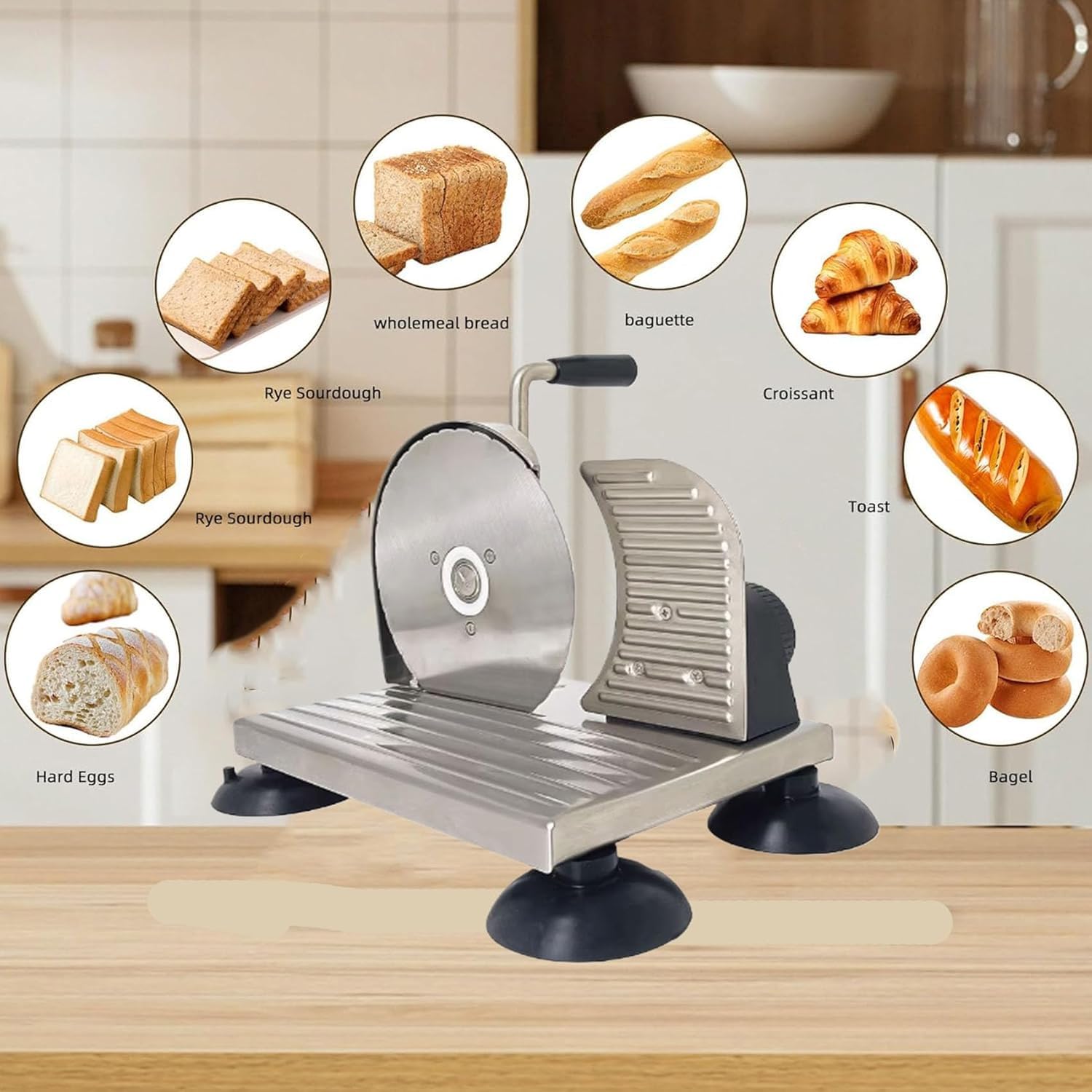 Affettatrice per pane a manovella, struttura in acciaio inox, spessore regolabile 0-15 mm, corpo rimovibile per affettare uniformemente, ideale per cucina e supermercati
