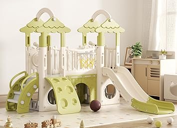 XJD 9 in 1 Toddler Slide, Jungle Slide with Basketball Hoop, Tunnel and Storage Space, Outdoor Indoor for Toddlers Age 1+,Tree House Design Toddlers Outdoor Indoor Playground (Green)