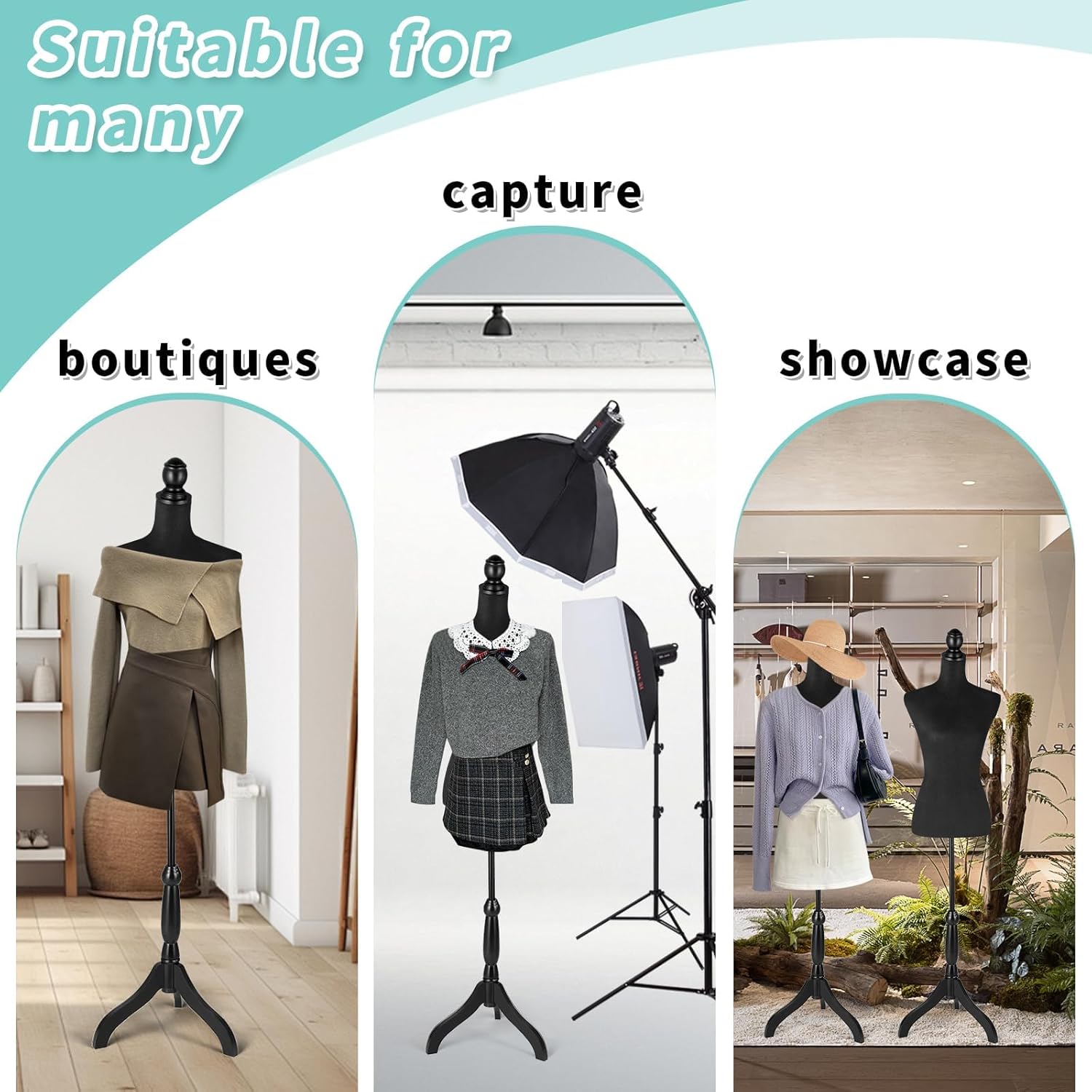 Black Dress Form Mannequin, 52''-67'' Height Adjustable Female Manikin Torso Stand, Female Mannequin Torso Dress Form with Wooden Tripod Base Stand and Detachable Iron Bracket