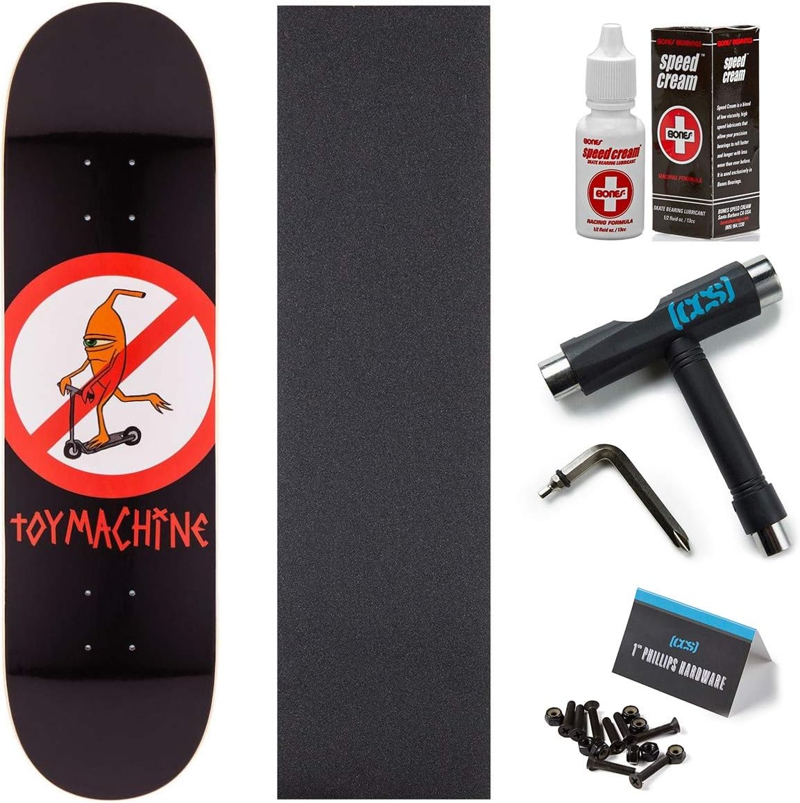 Toy Machine No Scooter Skateboard Deck - 8.25" With Bones Speed Cream, CCS Grip, Skate Tool, and 1" Hardware