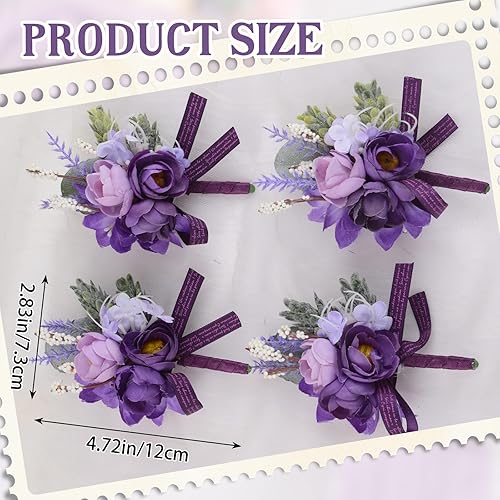 Miniatura 2 de URROMA 6 piezas de flores artificiales para boda, ramillete de simulación de rosas pequeñas moradas, accesorios de flores artificiales para novia,